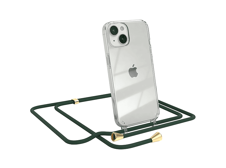 EAZY CASE Clear Cover mit Umhängeband, Umhängetasche, Apple, iPhone 14, Grün / Clips Gold