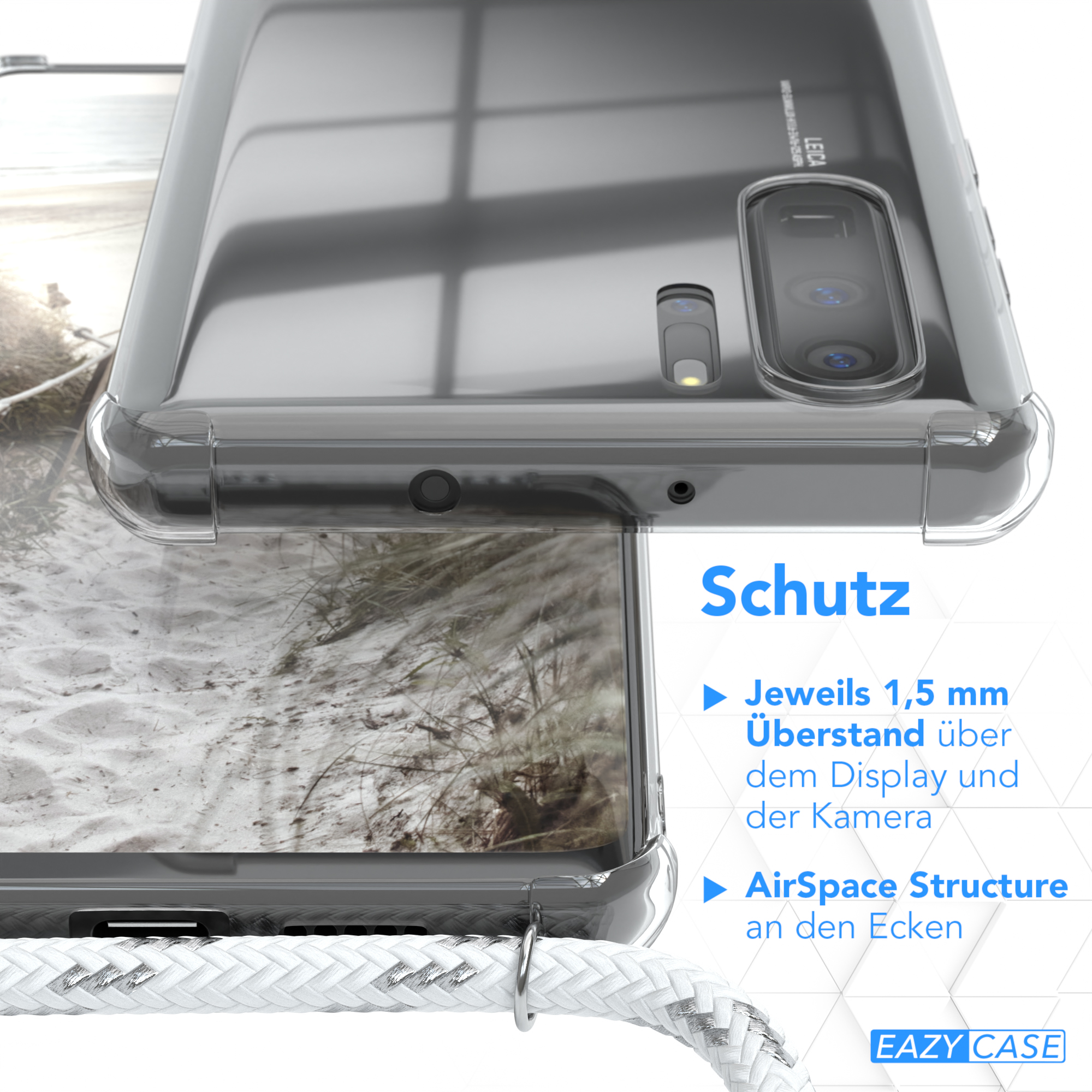 Transparente Handyhülle über einem Telefon, detaillierte Merkmale. Schutz- und Designmerkmale hervorgehoben.