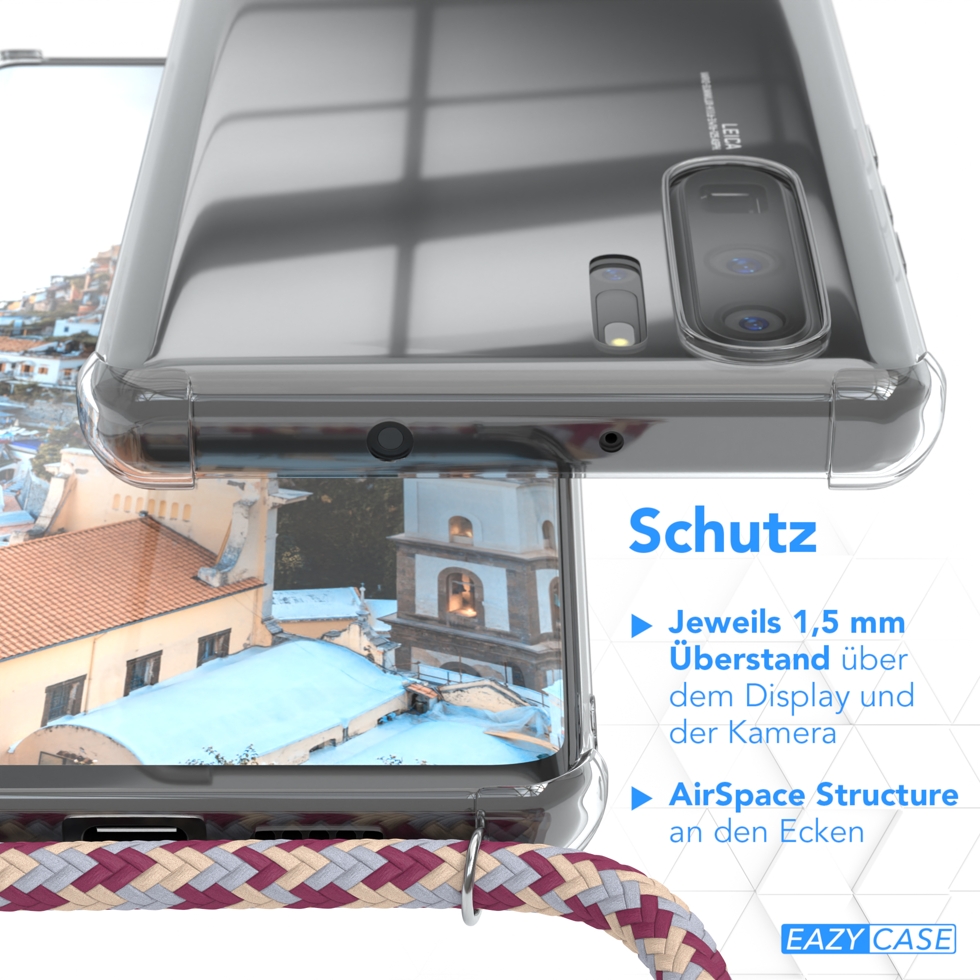 Transparente Handyhülle mit buntem Riemen. Auf dem Bildschirm sind Gebäude zu sehen. Text auf der Hülle: 'Schutz'.