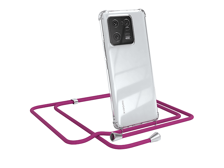 EAZY CASE Clear Cover mit Umhängeband, Umhängetasche, Xiaomi, 13 Pro, Pink / Clips Silber | Handyketten