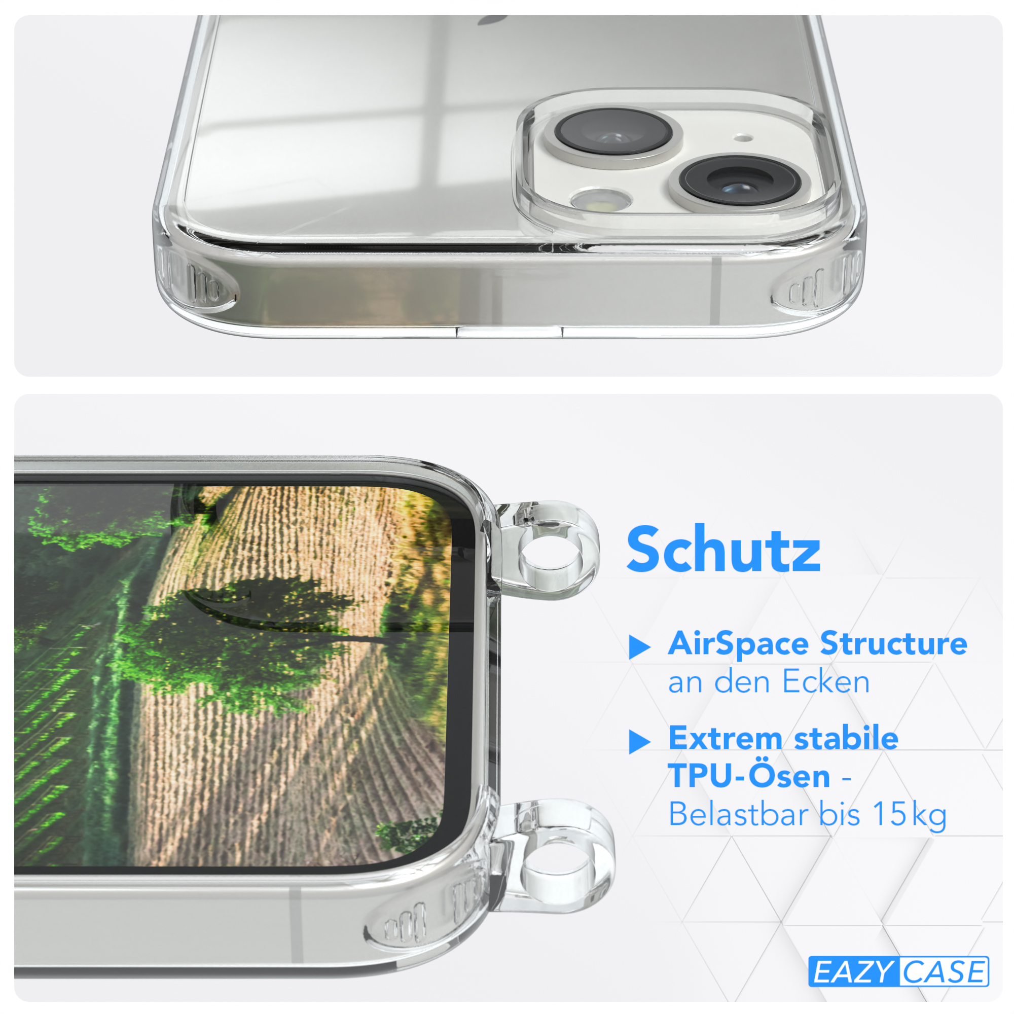 Eine transparente Handyhülle. Details der Hülle, AirSpace Structure und TPU-Ösen.