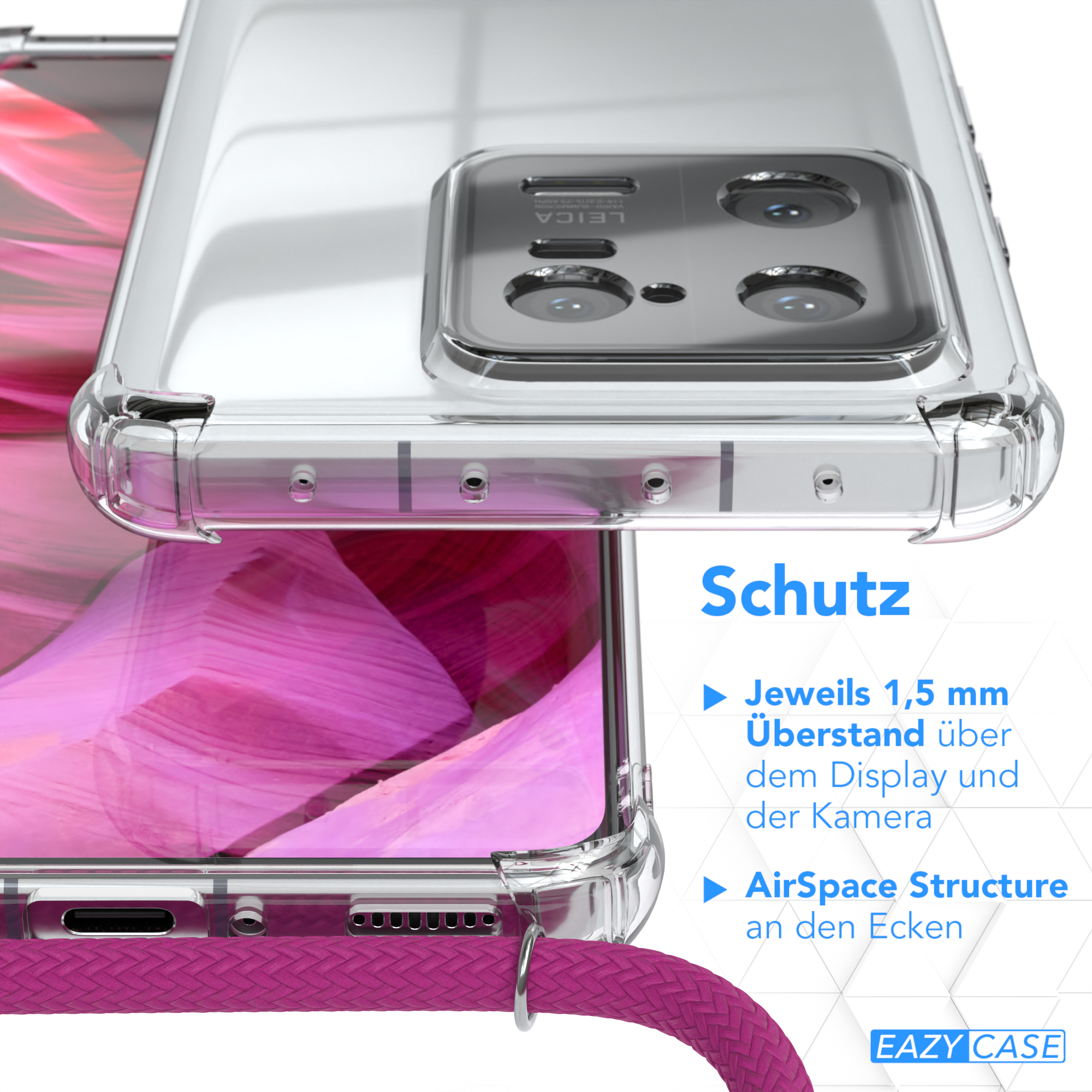 EAZY CASE mit Xiaomi, Cover / Clear Pink 13 Clips Umhängetasche, Umhängeband, Silber Pro