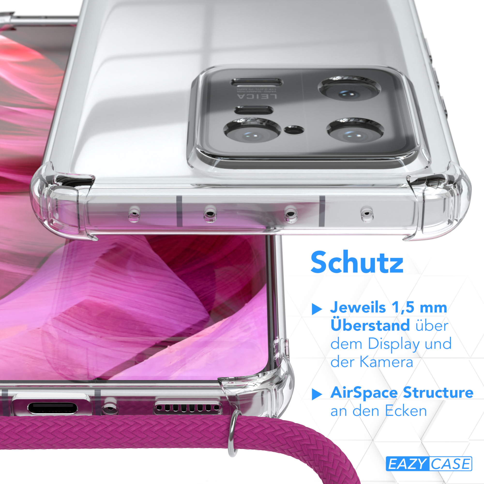 Nahaufnahme der Handyhülle mit Text zum Schutz: 1,5 mm Überstand, AirSpace Structure.