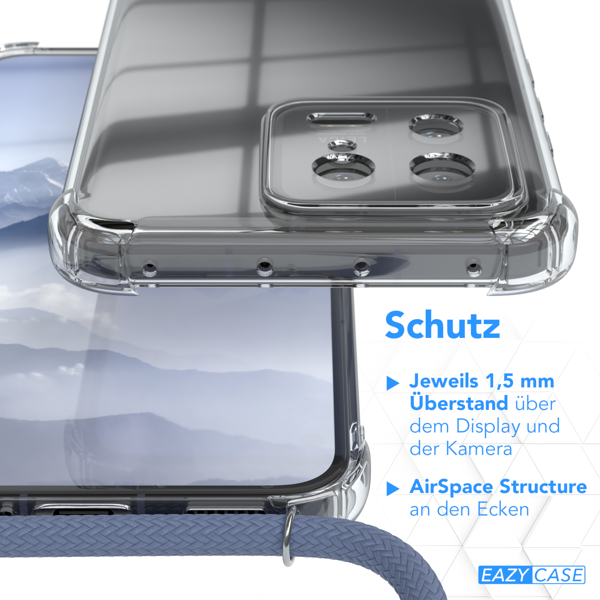 Nahaufnahme einer transparenten Handyhülle, Design und Schutzmerkmale.