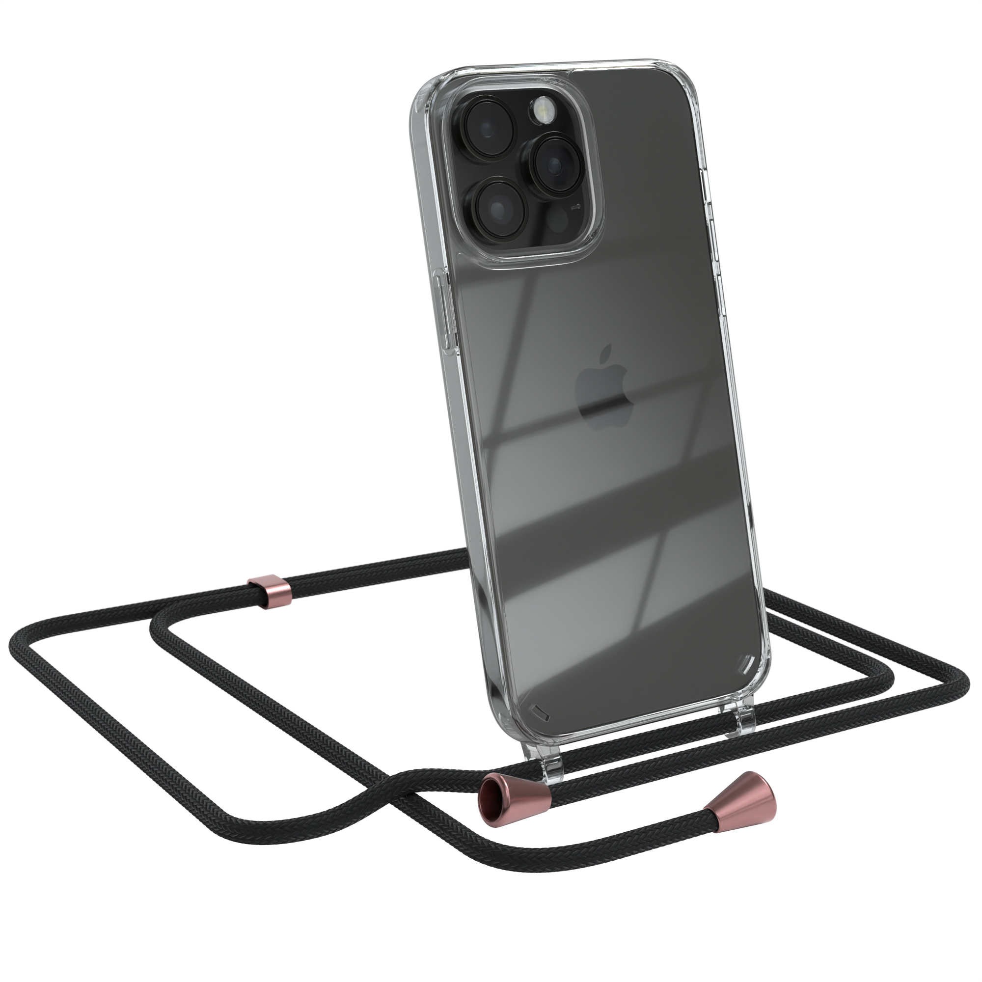 iPhone in klarer Hülle mit schwarzem Lanyard.