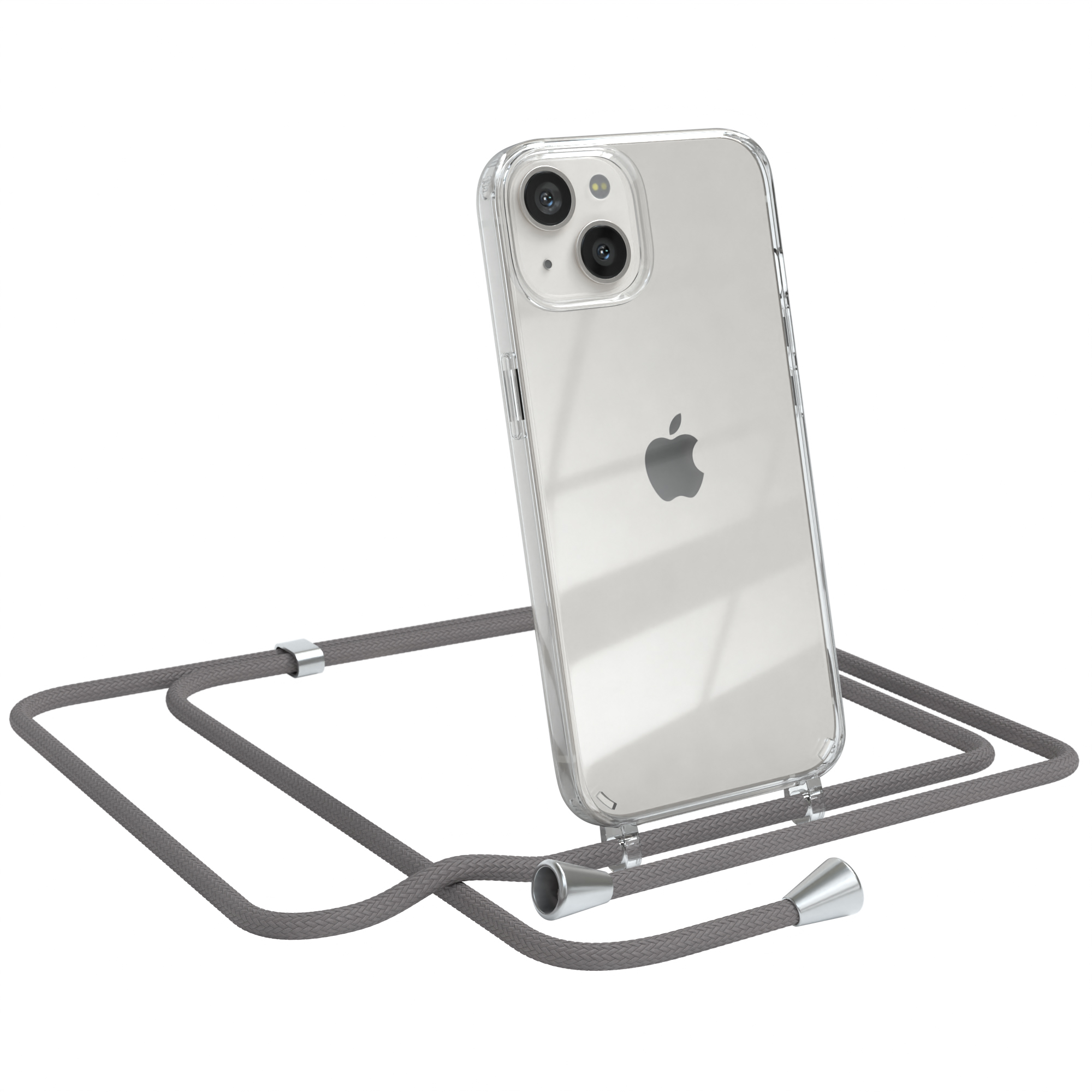 EAZY CASE Clear Cover Grau Umhängeband, / Umhängetasche, mit Silber Apple, iPhone Clips 13