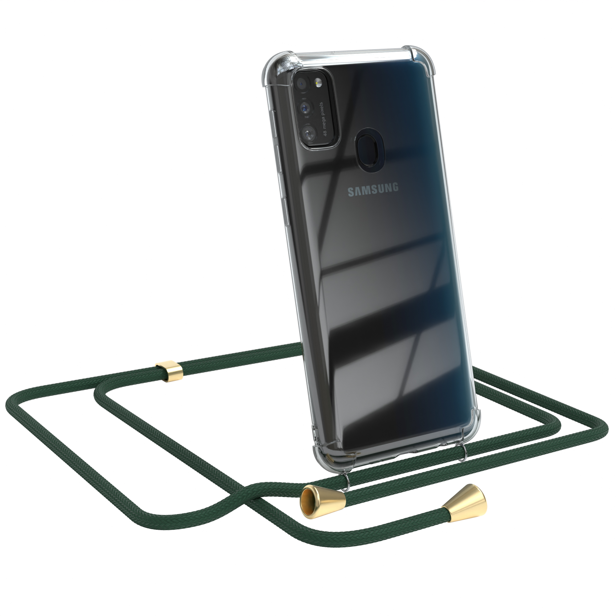 Transparente Handyhülle mit dunkelgrünem Seilriemen. Samsung-Telefon sichtbar.