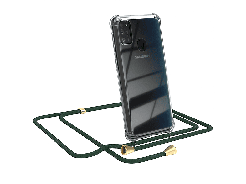 EAZY CASE Clear Cover mit Umhängeband, Umhängetasche, Samsung, Galaxy M30s / M21, Grün / Clips Gold