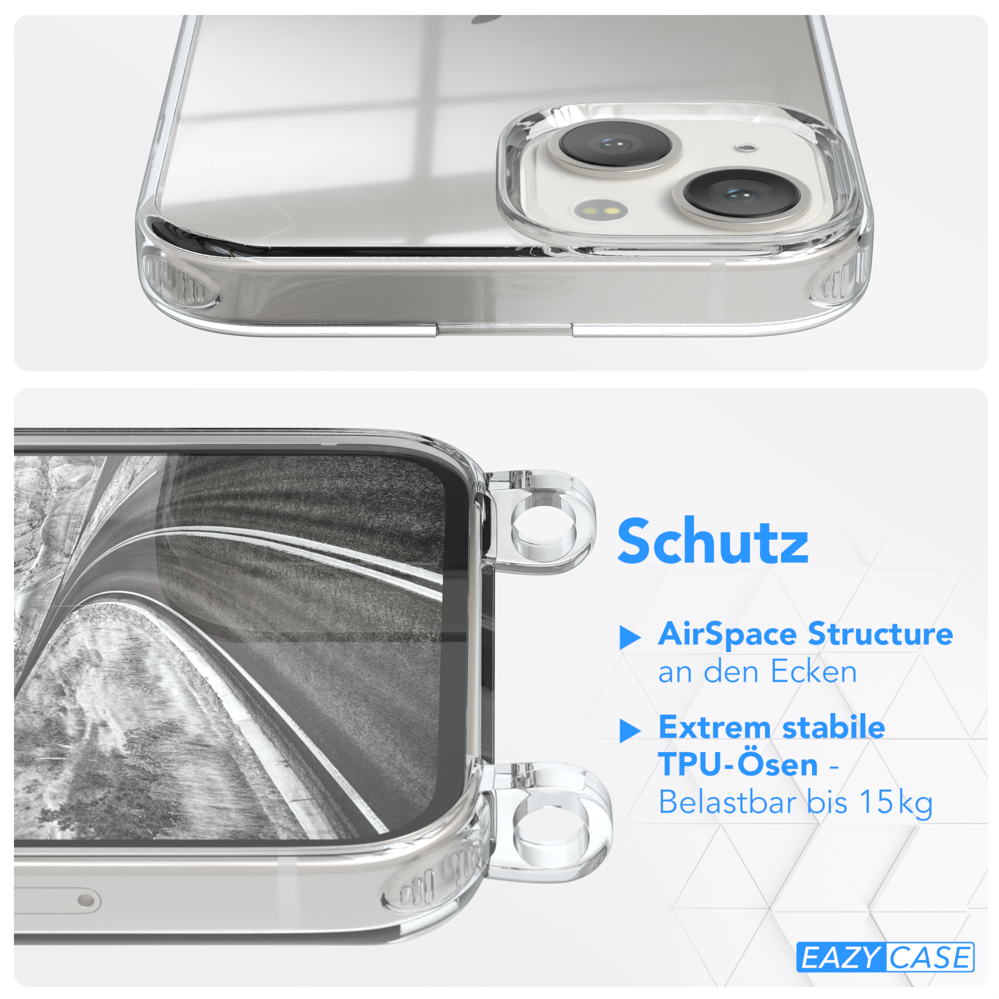 Nahaufnahme: Transparente Handyhülle. Text: Schutz. Merkmale: AirSpace-Struktur, stabile TPU-Ösen, 15 kg Belastung.