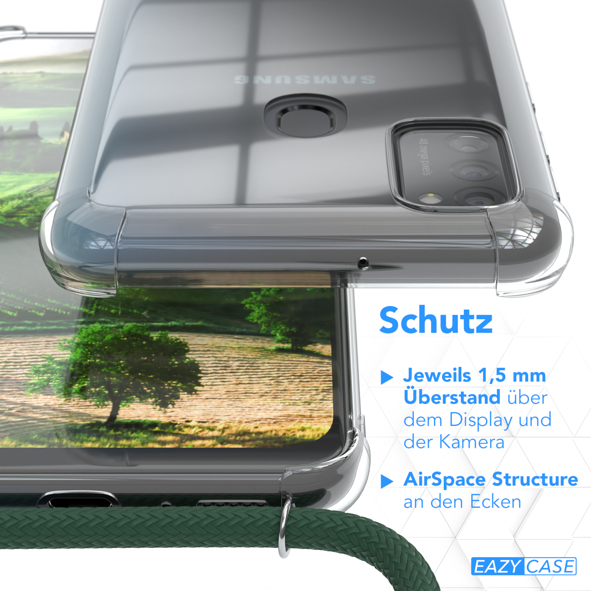 Transparente Handyhülle auf Oberfläche. Details zeigen Kamera und Kanten des Telefons.