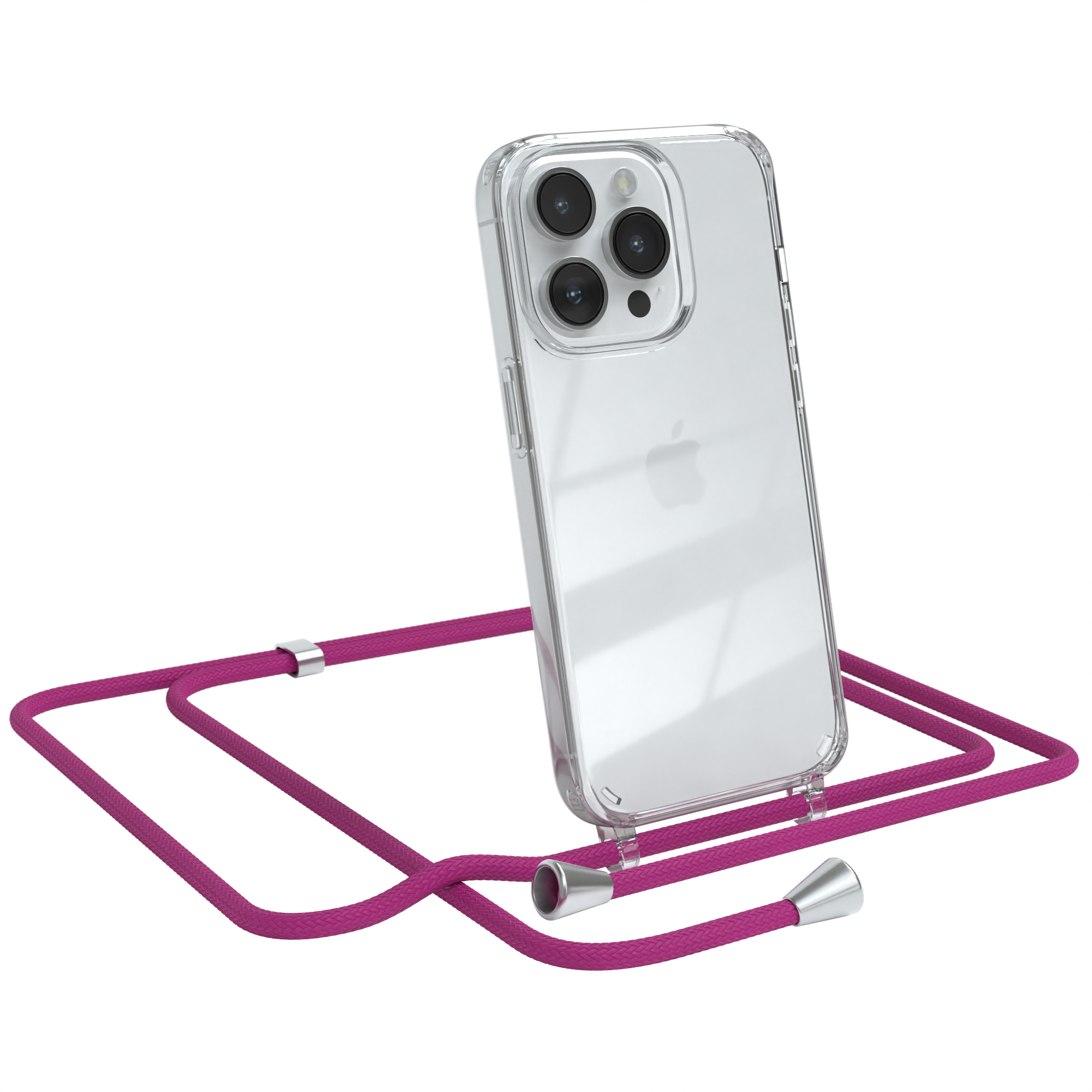 Telefon mit transparentem Gehäuse und rosa Riemen. iPhone mit mehreren Kameras.