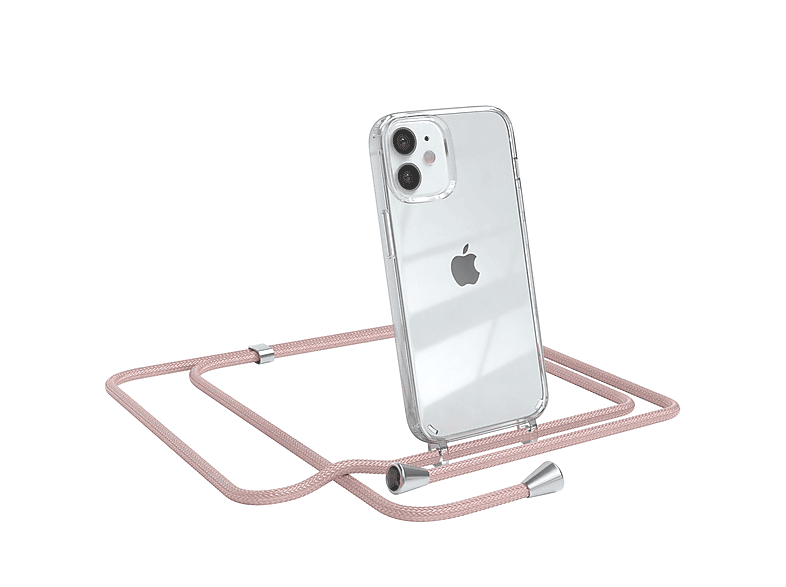 EAZY CASE Clear Cover mit Umhängeband, Umhängetasche, Apple, iPhone 12 Mini, Rosé / Clips Silber