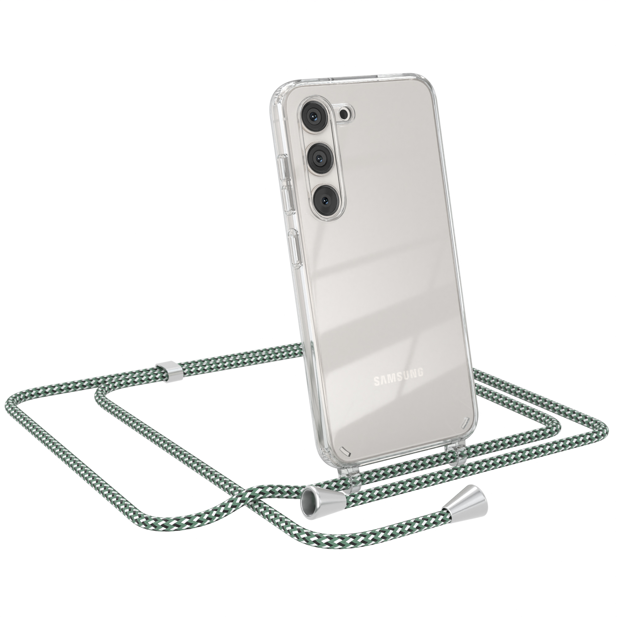 Ein Telefon in einer durchsichtigen Hülle mit einem grünen Schlüsselband. Das Telefon ist silberfarben und die Hülle ist transparent.