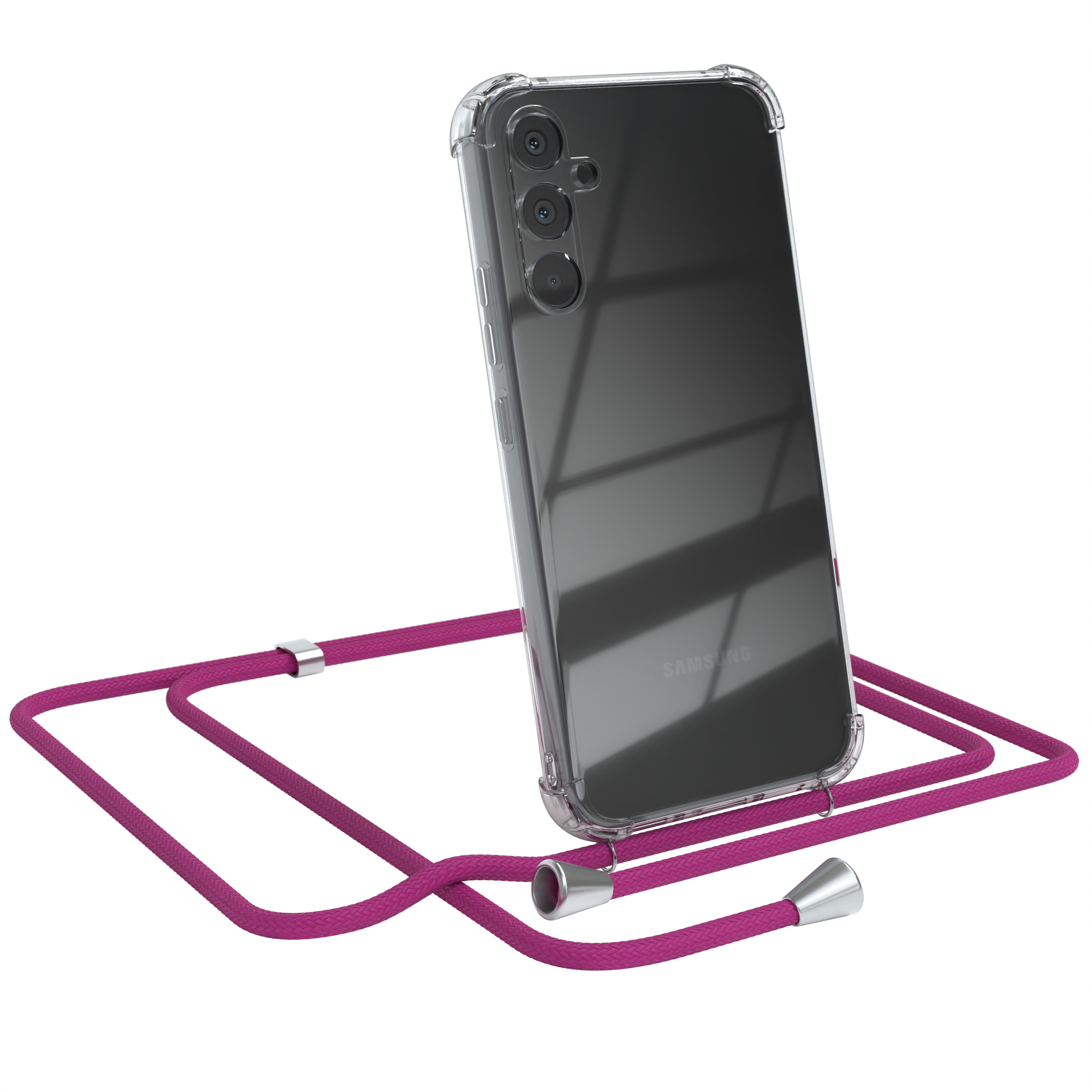 Transparente Handyhülle mit pinkfarbenem Kordel. Samsung-Handy mit drei Kameras.