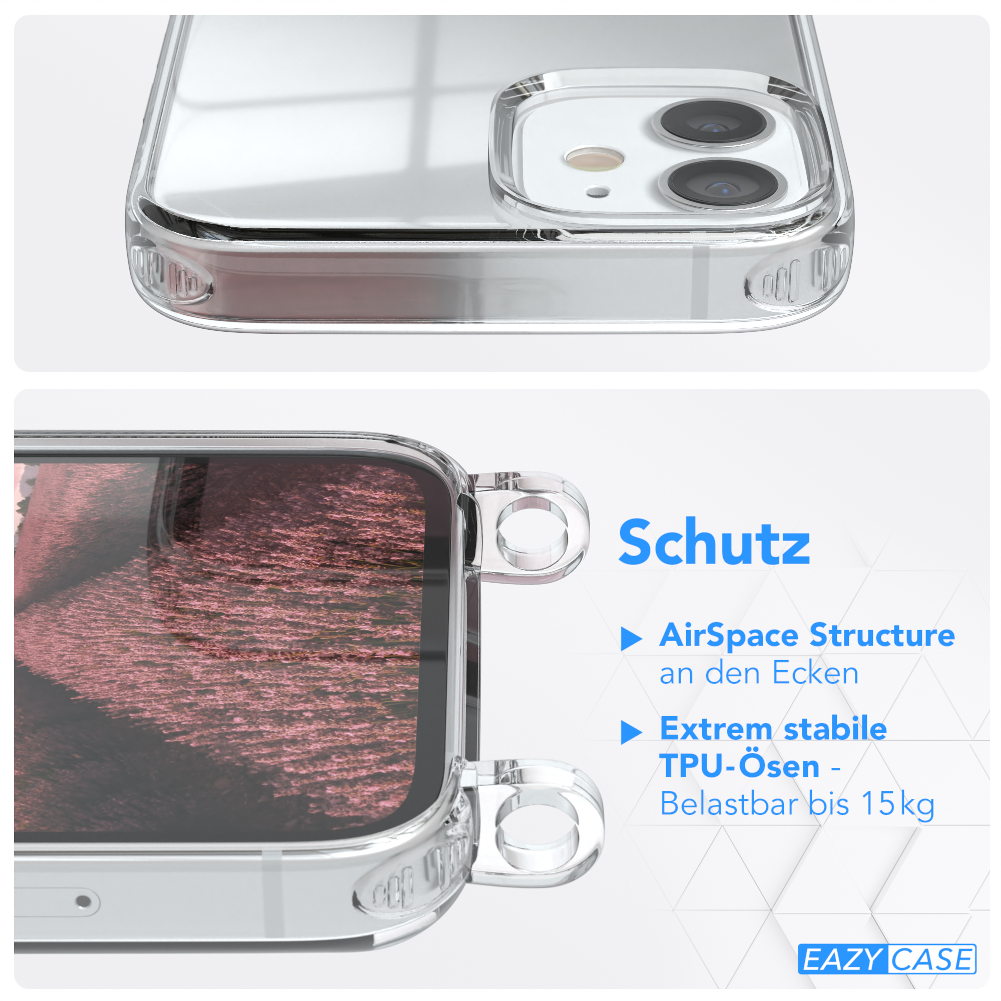 Transparente Handyhülle über einem Telefon. Textdetails zu Schutzmerkmalen.
