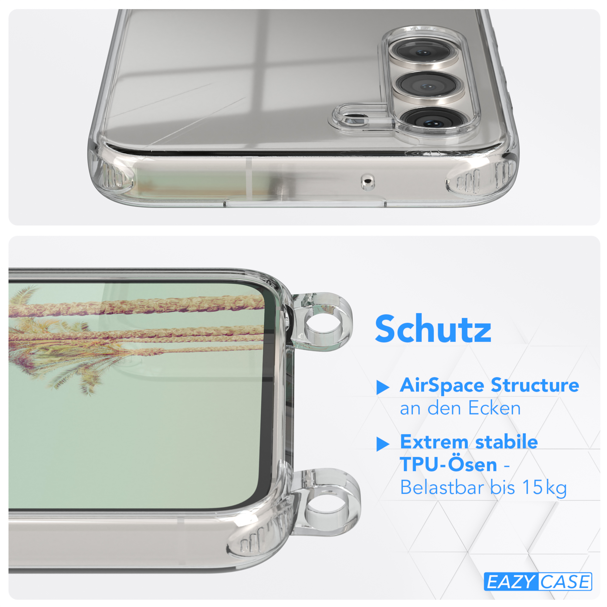 Nahaufnahme einer transparenten Handyhülle auf einem Telefon. Details zu den Funktionen der Hülle werden hervorgehoben.