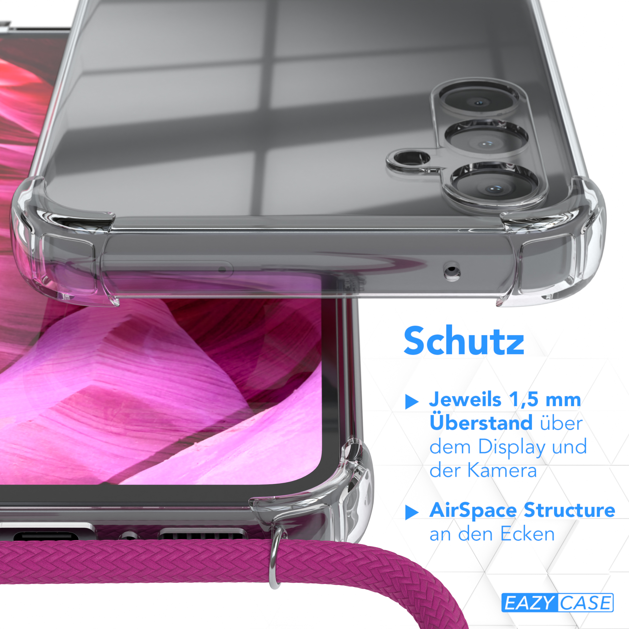 Handyhülle Nahaufnahme; blauer Text und rosa Seil.