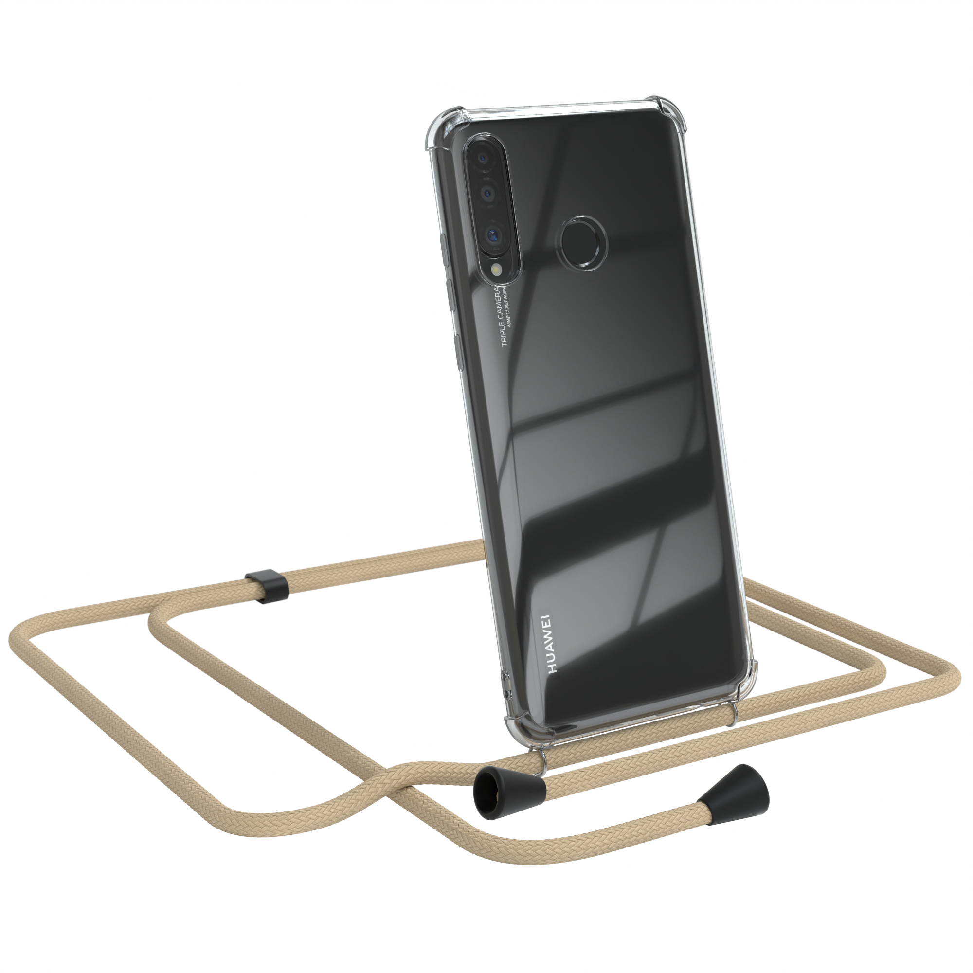 Telefon in klarer Hülle mit beigem Umhängeband.
