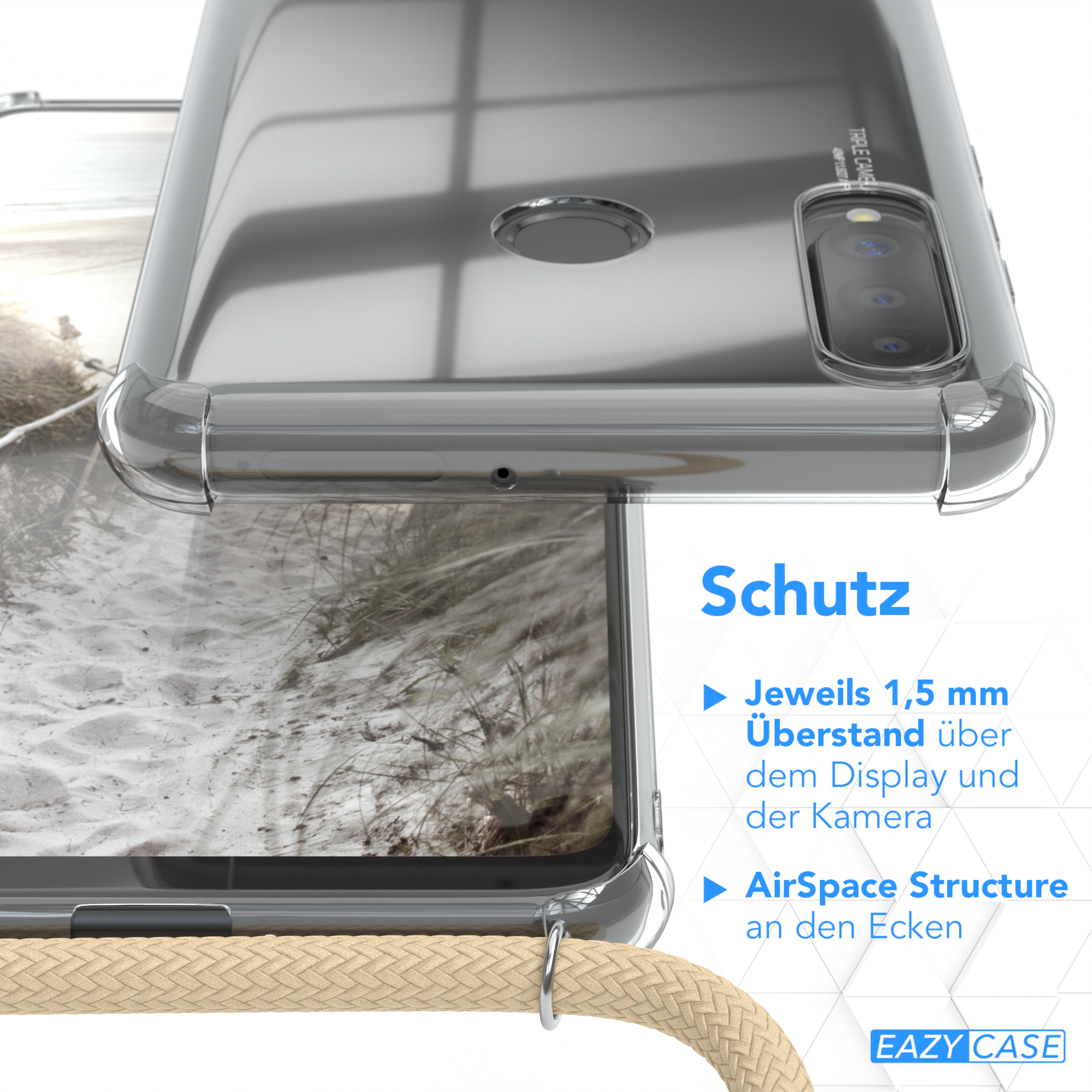 Eine transparente Handyhülle wird mit Nahaufnahme der Ecke und Sandhintergrund gezeigt.
