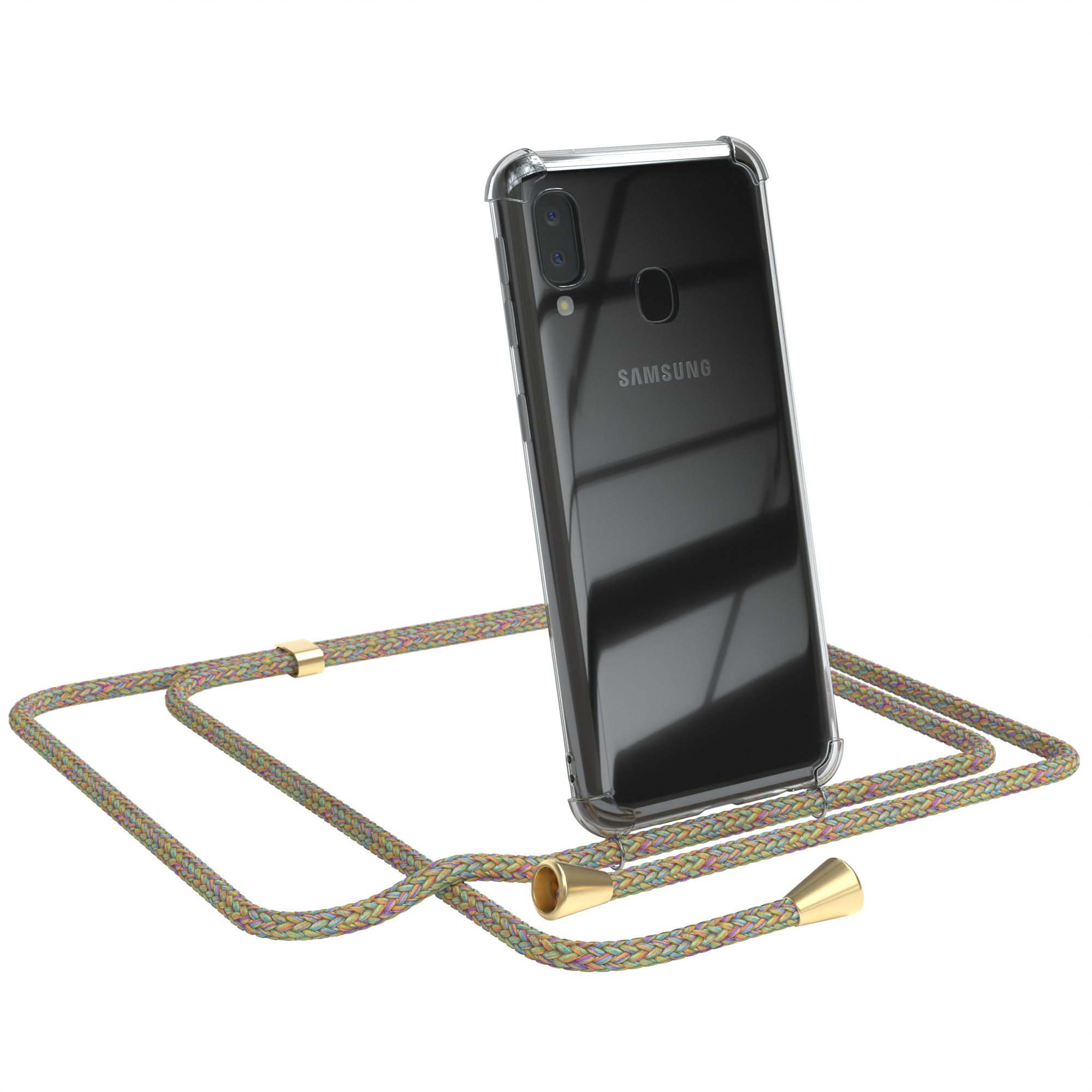 CASE mit Bunt / Samsung, EAZY Umhängetasche, Umhängeband, Cover A20e, Clips Gold Galaxy Clear