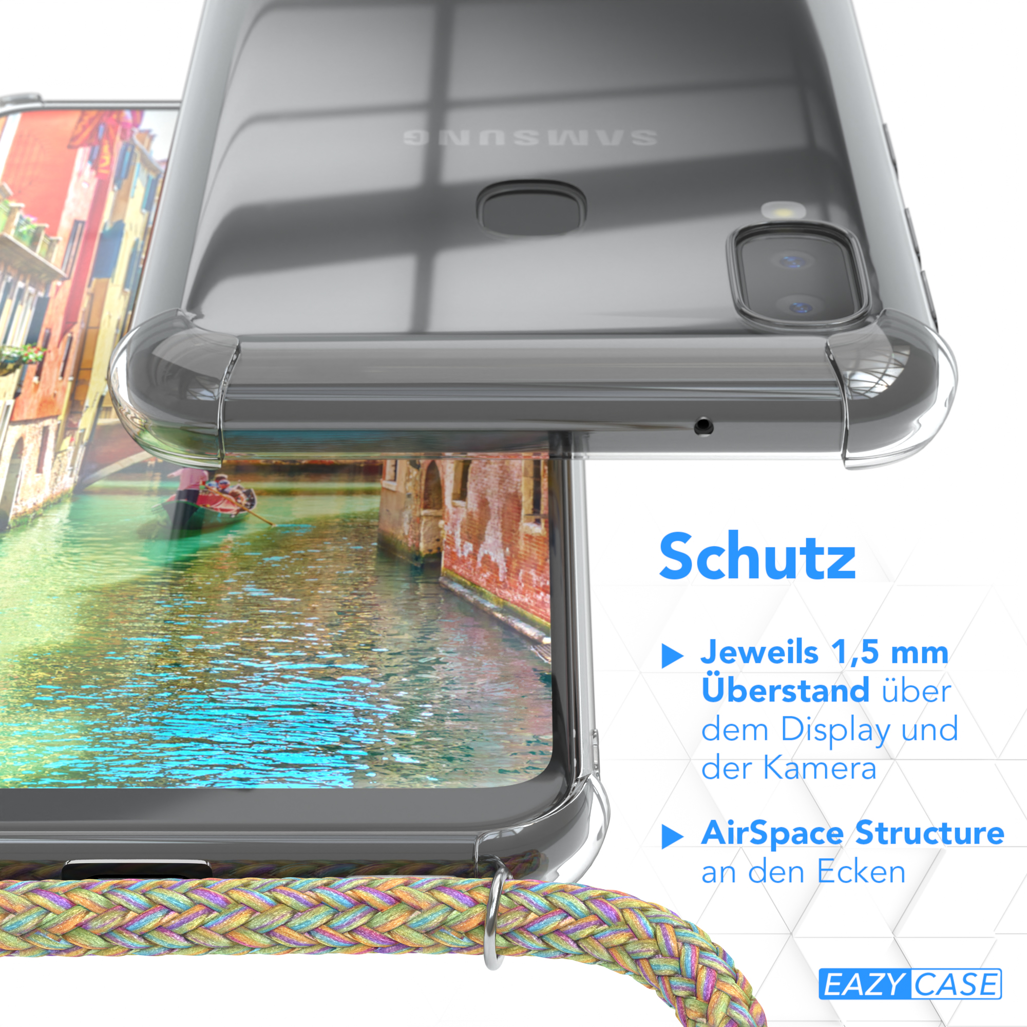 Nahaufnahme einer Handyhülle mit Telefon. Text erwähnt Funktionen wie 1,5 mm Überstand und AirSpace Structure.