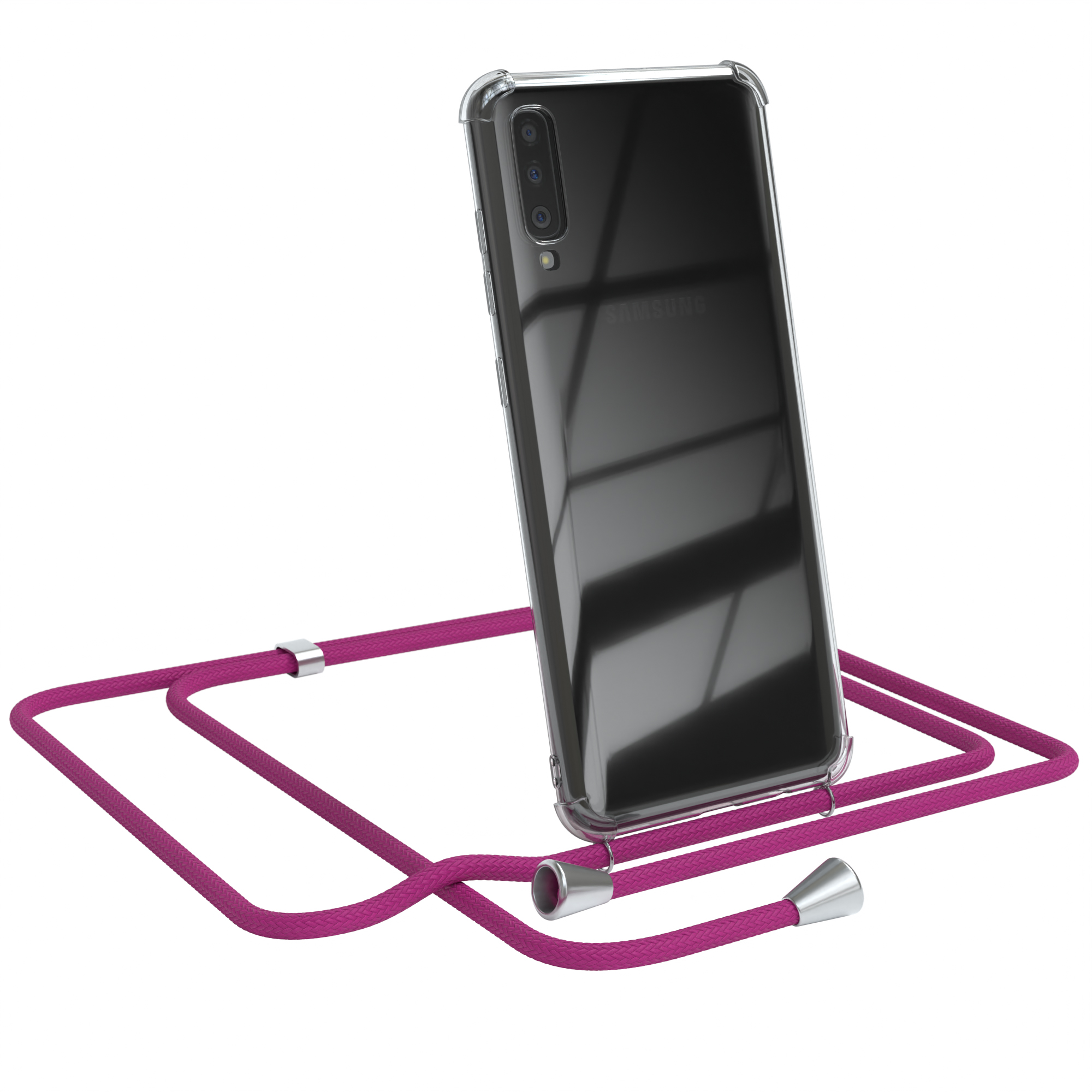 Transparente Handyhülle mit pinkfarbenem Umhängeband. Schwarzes Samsung-Telefon.