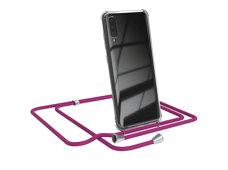 EAZY CASE Clear Cover mit Umhängeband, Umhängetasche, Samsung, Galaxy A70, Pink / Clips Silber