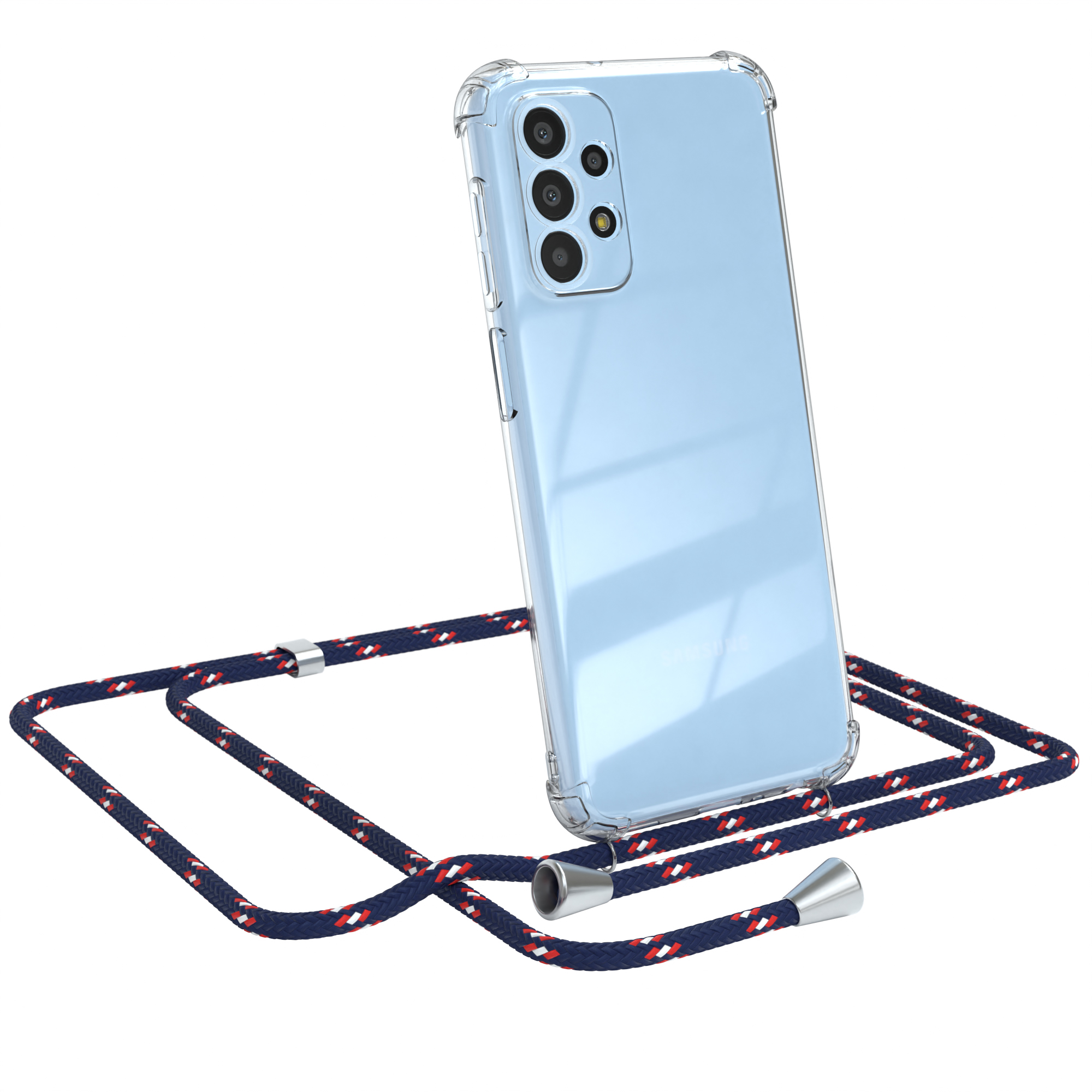 Transparente Handyhülle mit blau-rot-weißem Kordel. Telefonrückseite sichtbar. Telefon ist angewinkelt.
