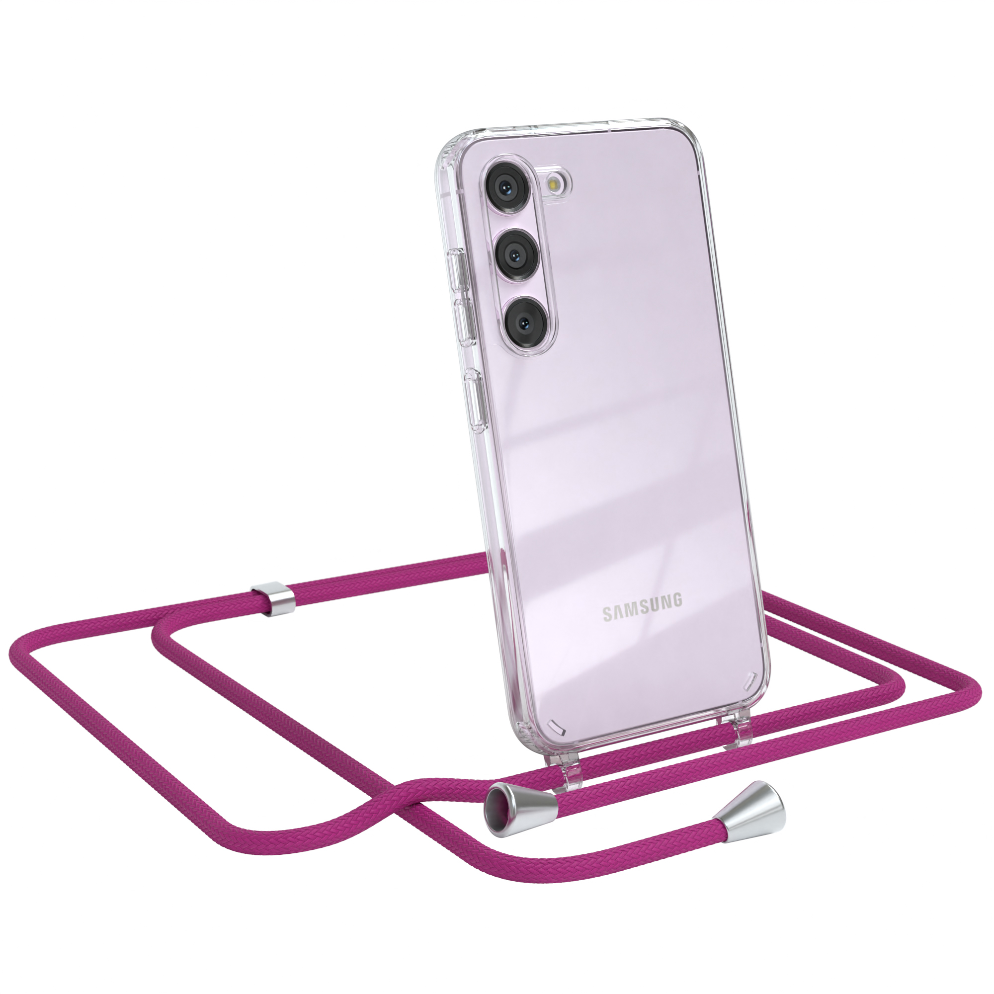 Transparente Handyhülle mit magenta Umhängeband. Samsung Logo sichtbar.