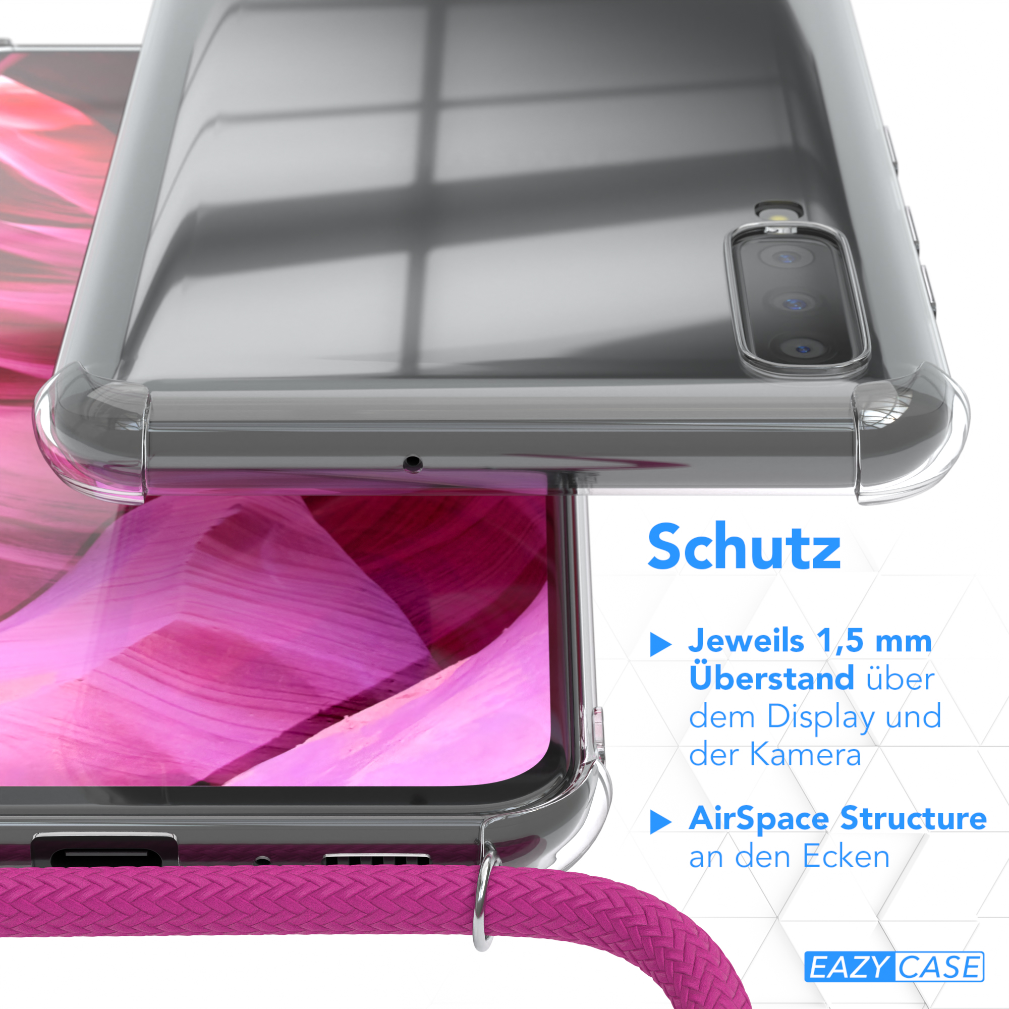 Handyhülle mit Telefon zeigt Schutzfunktionen. Text „Schutz“ und Details zum Schutz.
