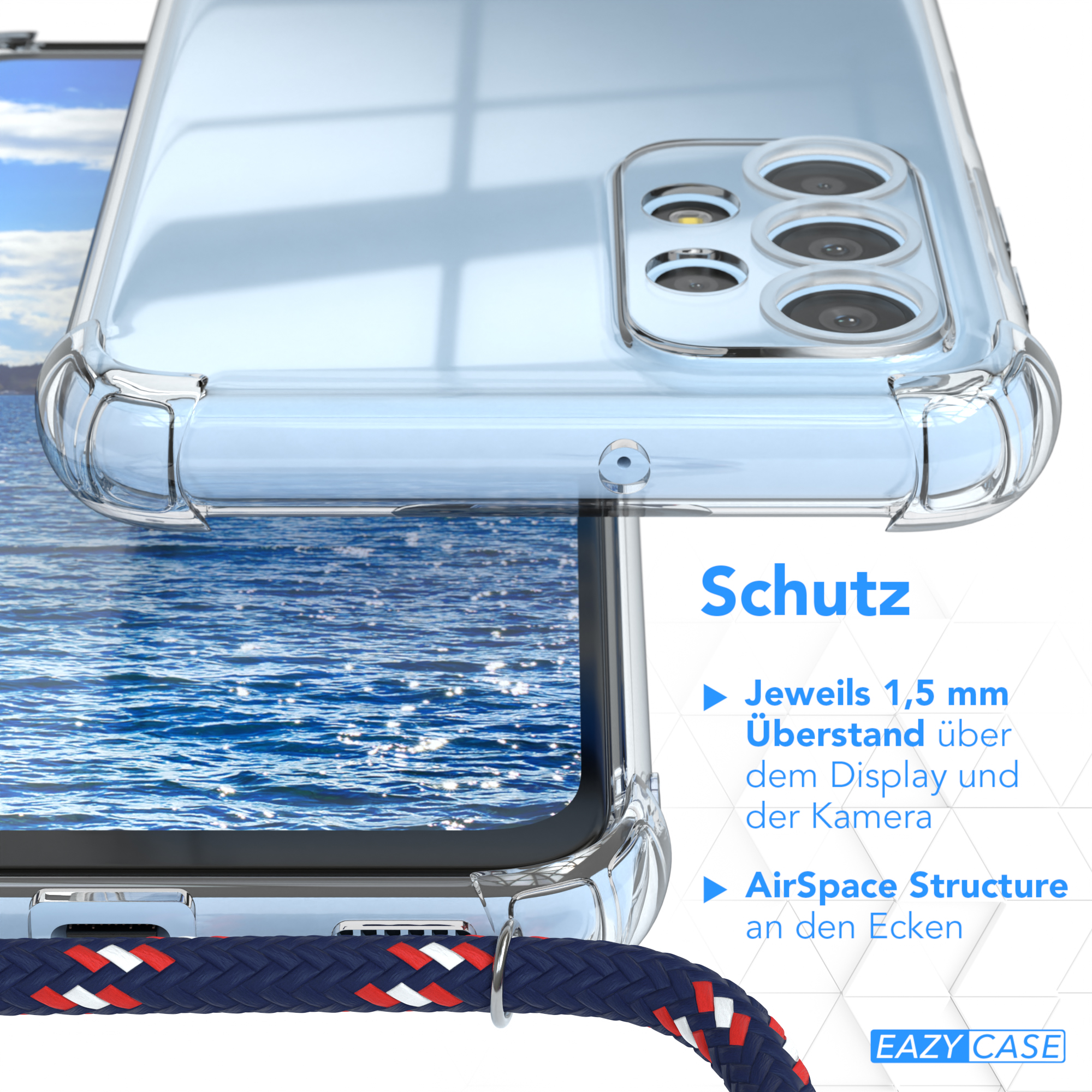Nahaufnahme einer Handyhülle mit blau-rotem geflochtenem Lanyard. Die Hülle ist transparent.