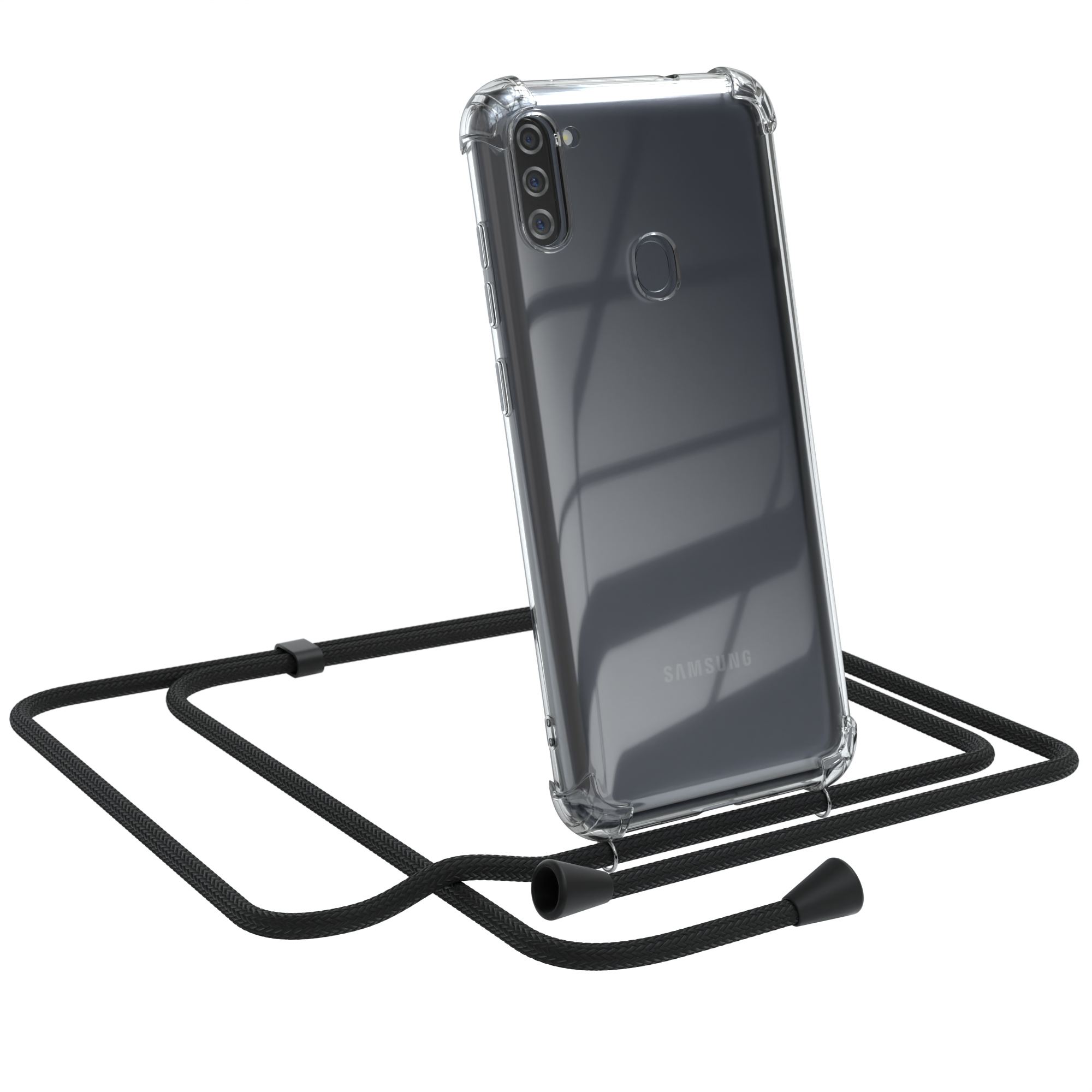 EAZY CASE Clear Cover Samsung, M11, Galaxy Umhängetasche, mit Schwarz Umhängeband