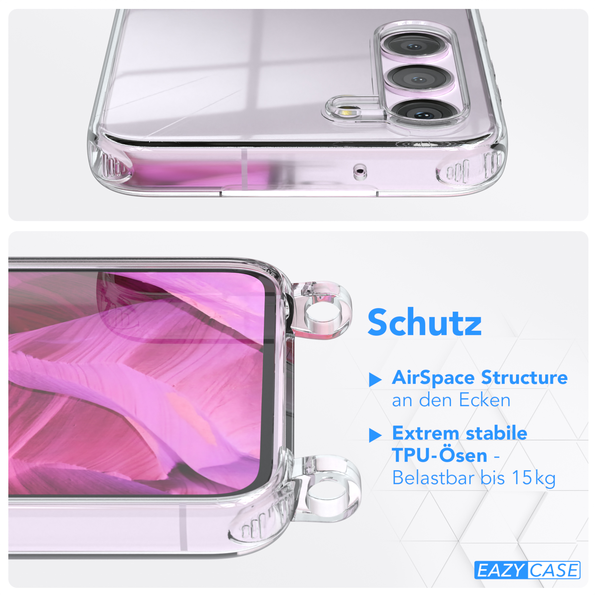 EAZY Galaxy Samsung, Clear Umhängeband, Cover Clips Umhängetasche, mit CASE / S23, Pink Silber