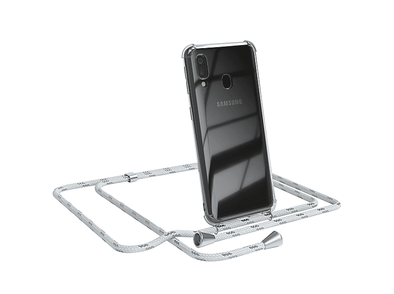 EAZY CASE Clear Cover mit Umhängeband, Umhängetasche, Samsung, Galaxy A40, Weiß / Clips Silber | Handyketten