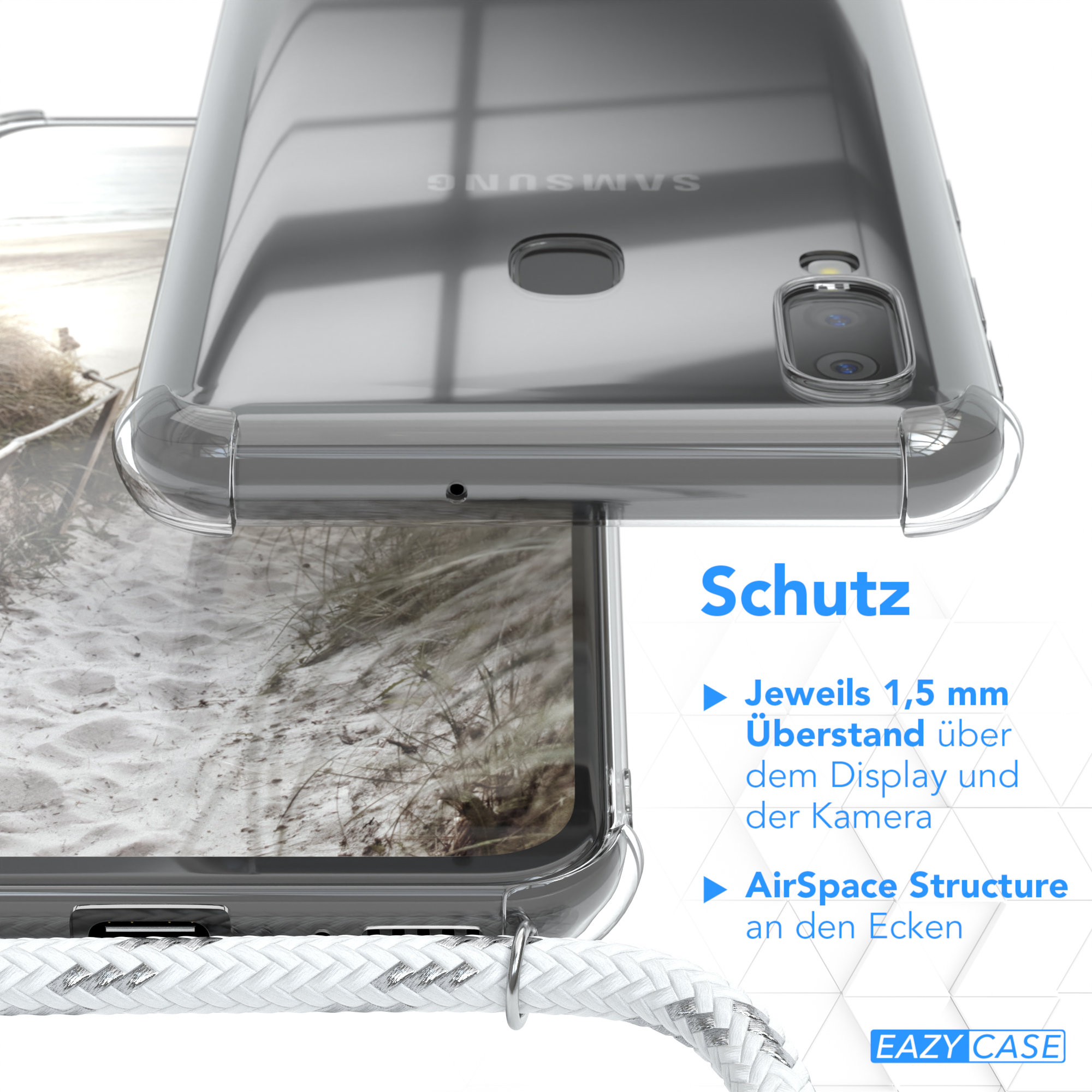 Nahaufnahme einer Handyhülle mit Details. Text zeigt Schutzfunktionen, mit weißer Kordel.