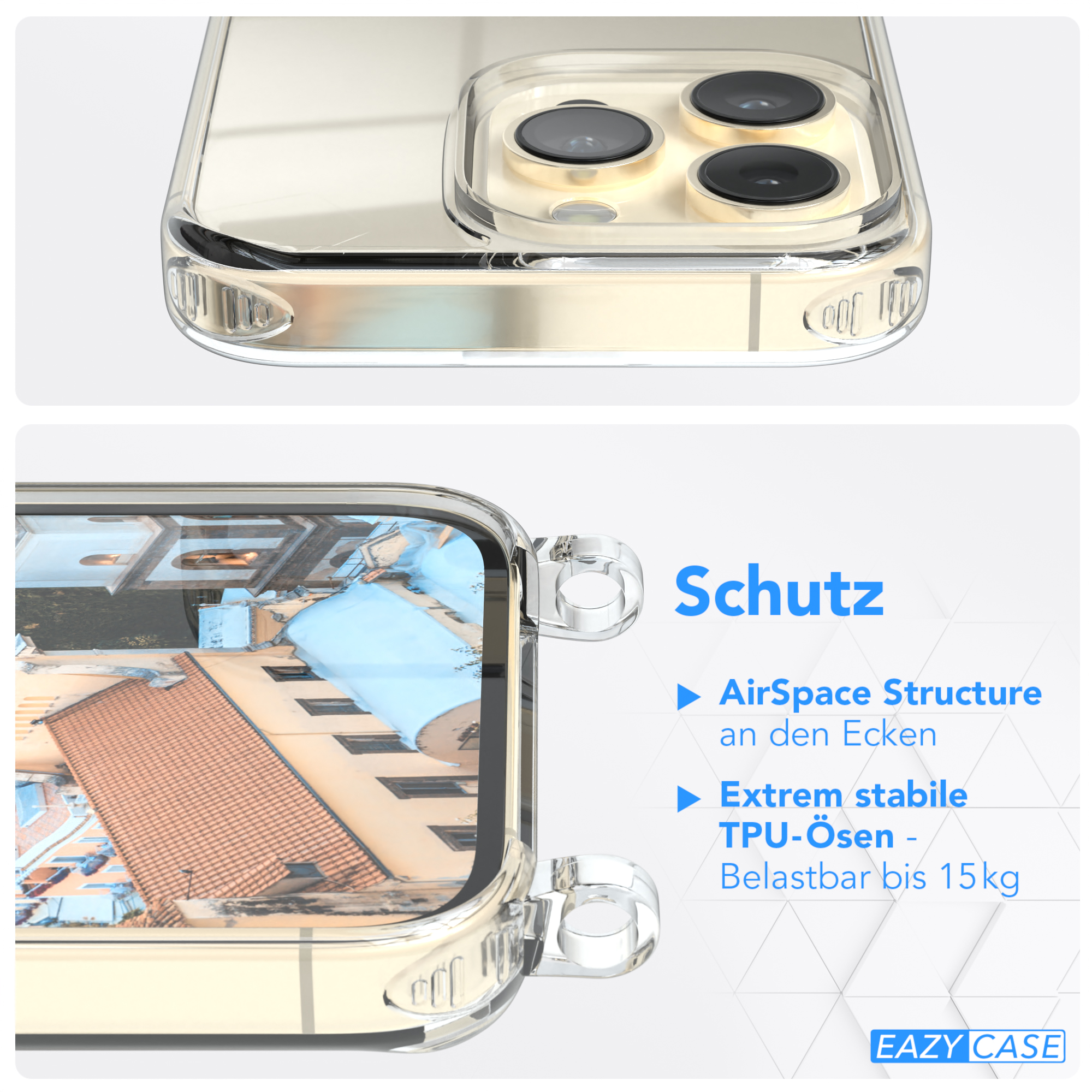Nahaufnahme einer Handyhülle auf einem Telefon. Details umfassen die Gehäusestruktur und ihre Eigenschaften.