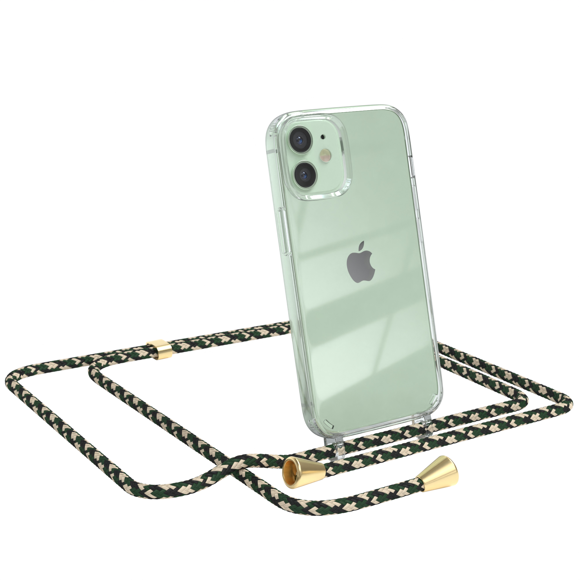 Transparente Handyhülle mit grünem Telefon und grün-schwarzem Seilriemen.