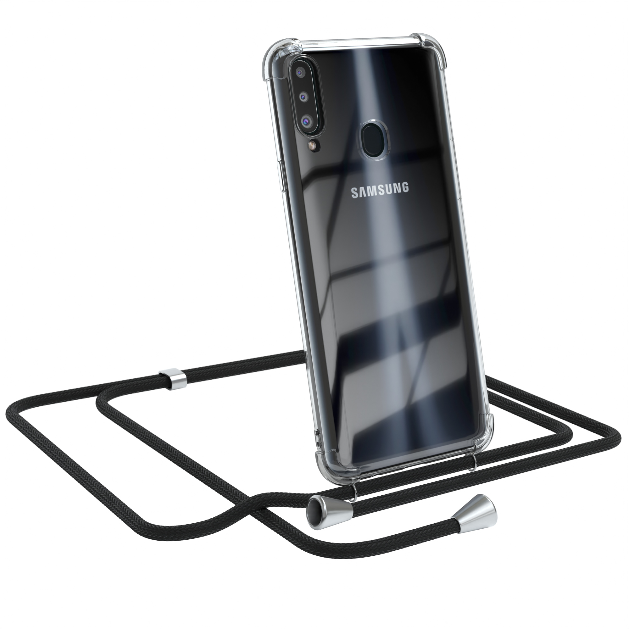 Transparente Handyhülle mit schwarzem Kordel. Ein Samsung-Handy ist in der Hülle, weißer Hintergrund.