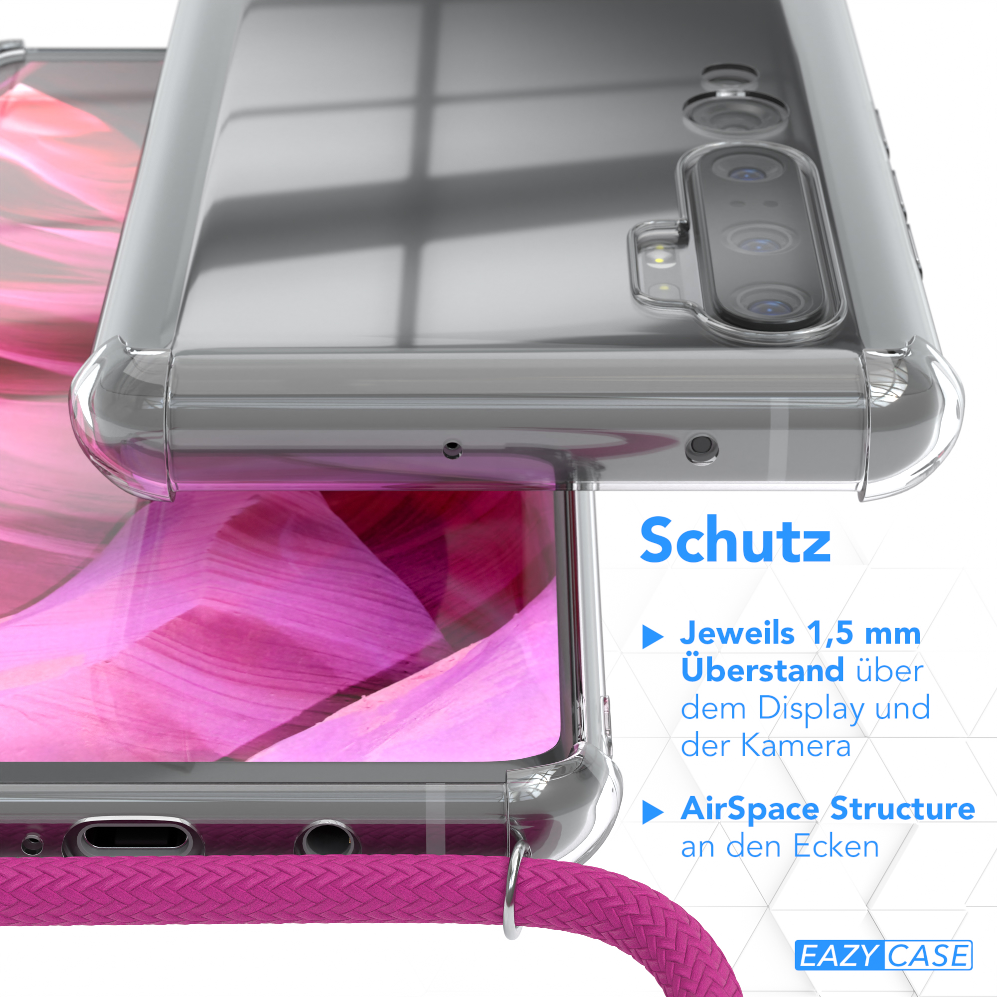 Transparente Handyhülle mit rosa Band, zeigt rosa Blumenhintergrund.