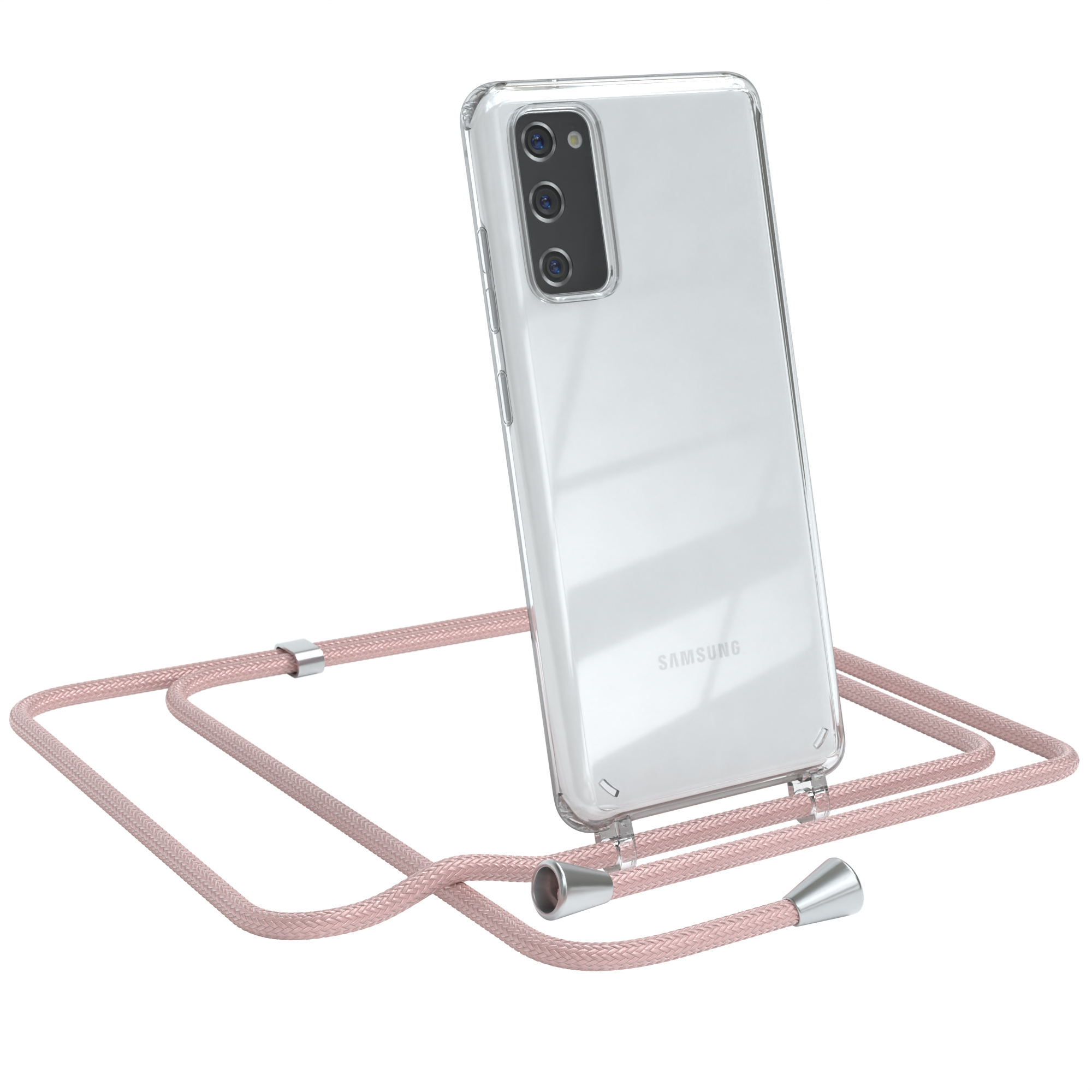 Samsung-Handy in klarer Hülle mit rosa Kordel. Weißer Hintergrund.