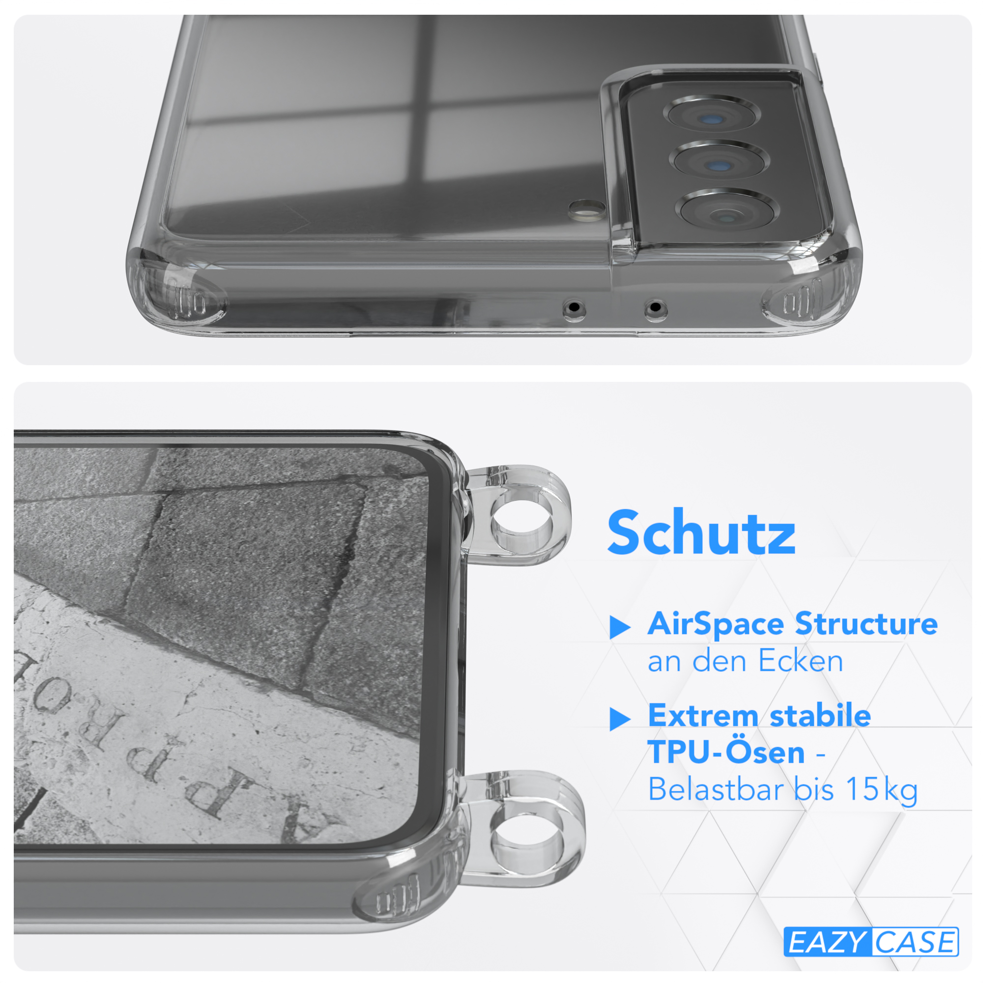 EAZY CASE Clear Cover mit Plus Samsung, S21 5G, Umhängeband, Galaxy Umhängetasche, Anthrazit