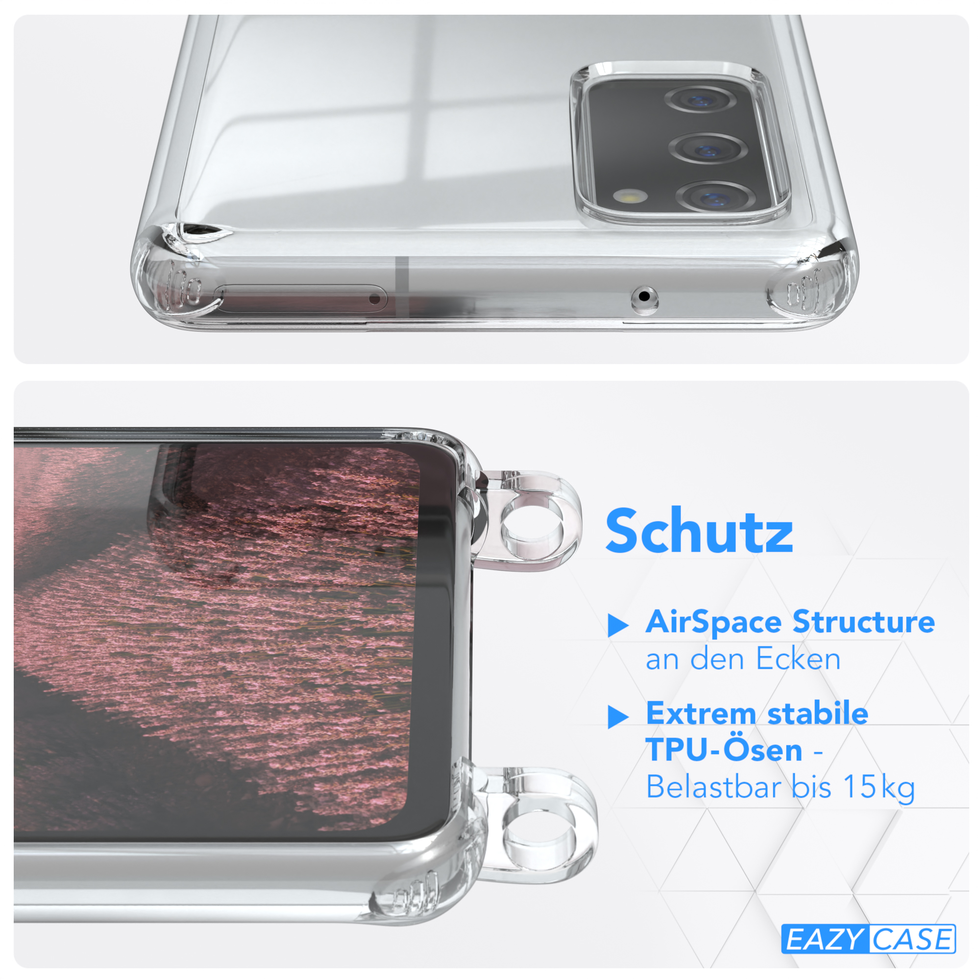Nahaufnahme der Handyhülle. Text: Schutz, AirSpace Structure, Extrem stabile TPU-Ösen.