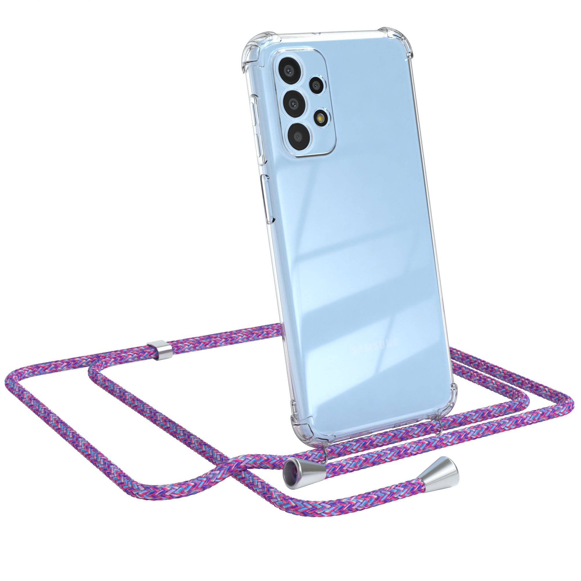 Telefon in klarer Hülle mit lila Riemen.