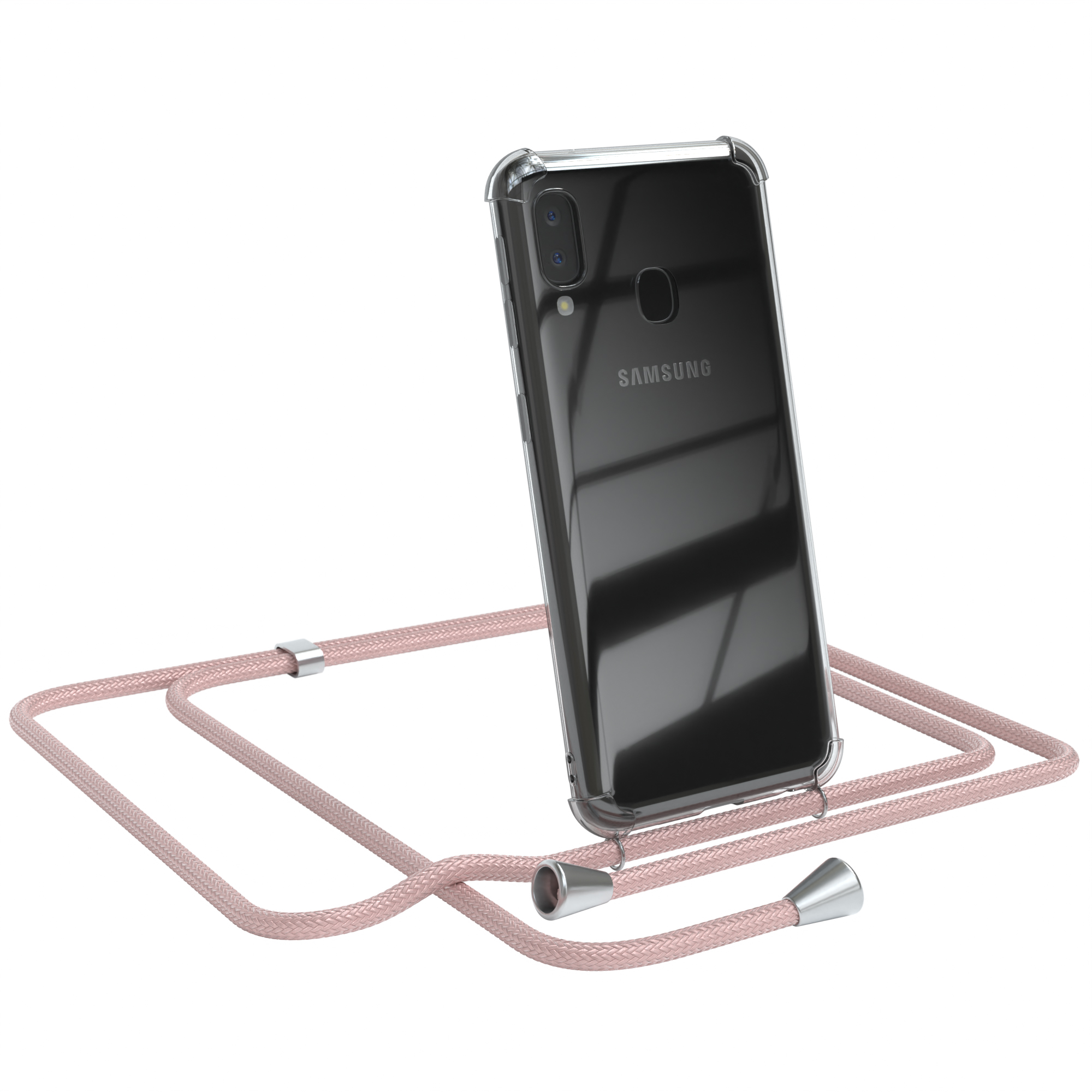 Transparente Handyhülle mit rosa Riemen. Ein Samsung-Telefon ist sichtbar.