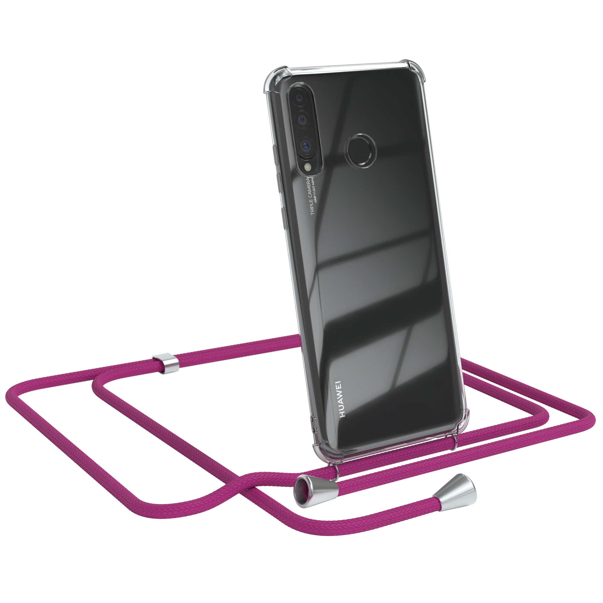 Transparente Handyhülle mit pinkfarbenem Band. Silberne Akzente. Huawei-Logo.