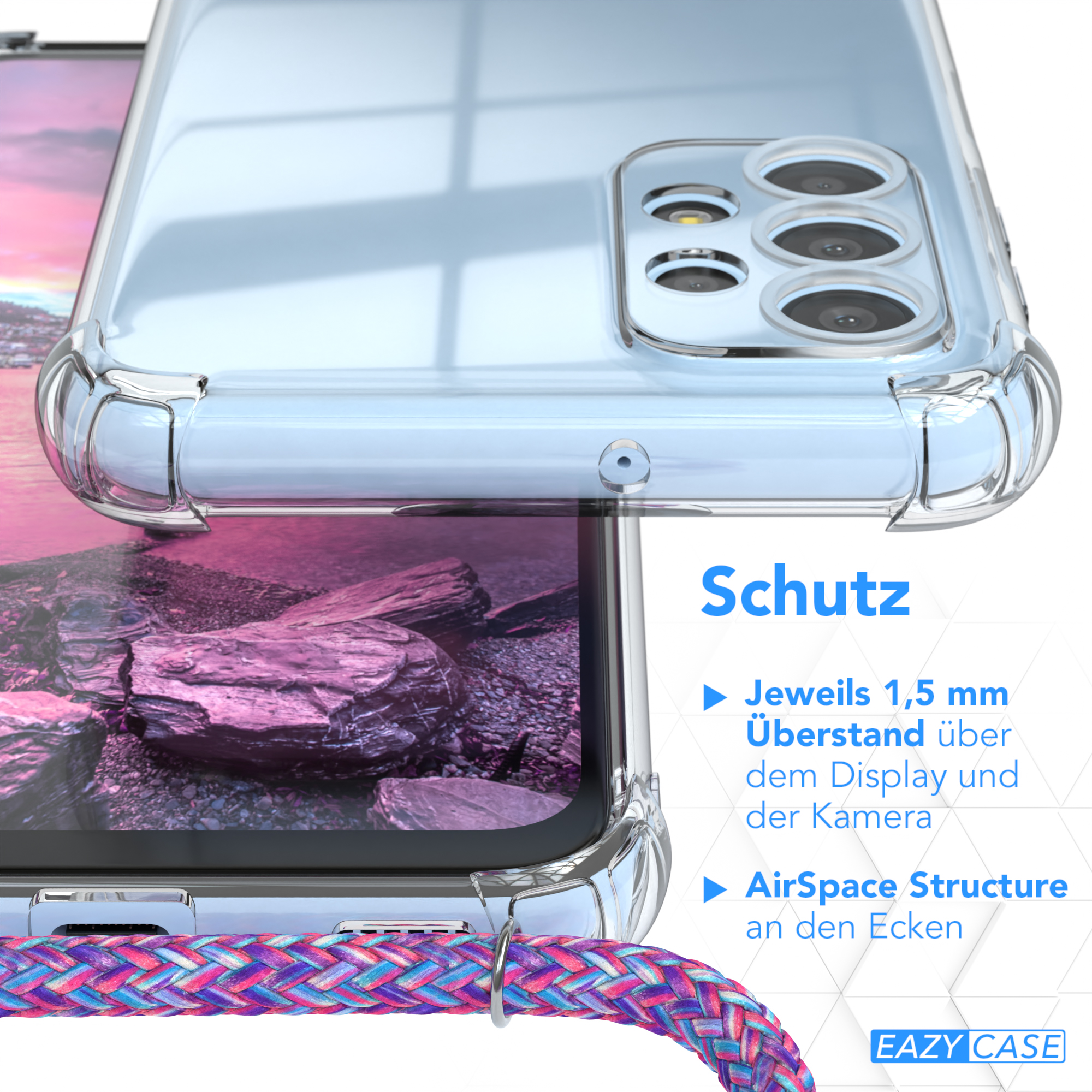 EAZY CASE Clear Cover mit Clips Samsung, A23 5G, Silber Umhängeband, Lila Umhängetasche, / Galaxy