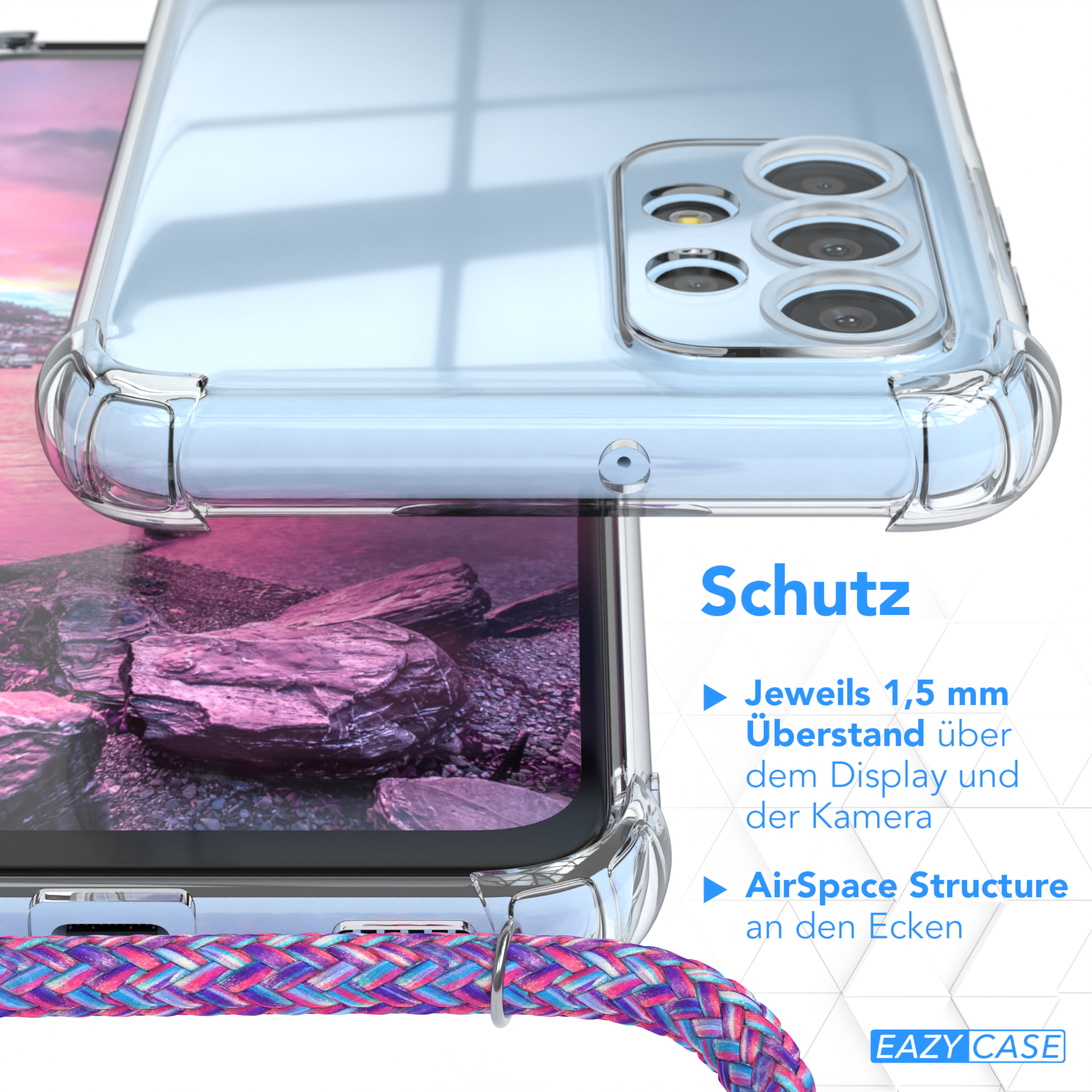Nahaufnahme einer Handyhülle mit Text, der die Schutzfunktionen beschreibt.