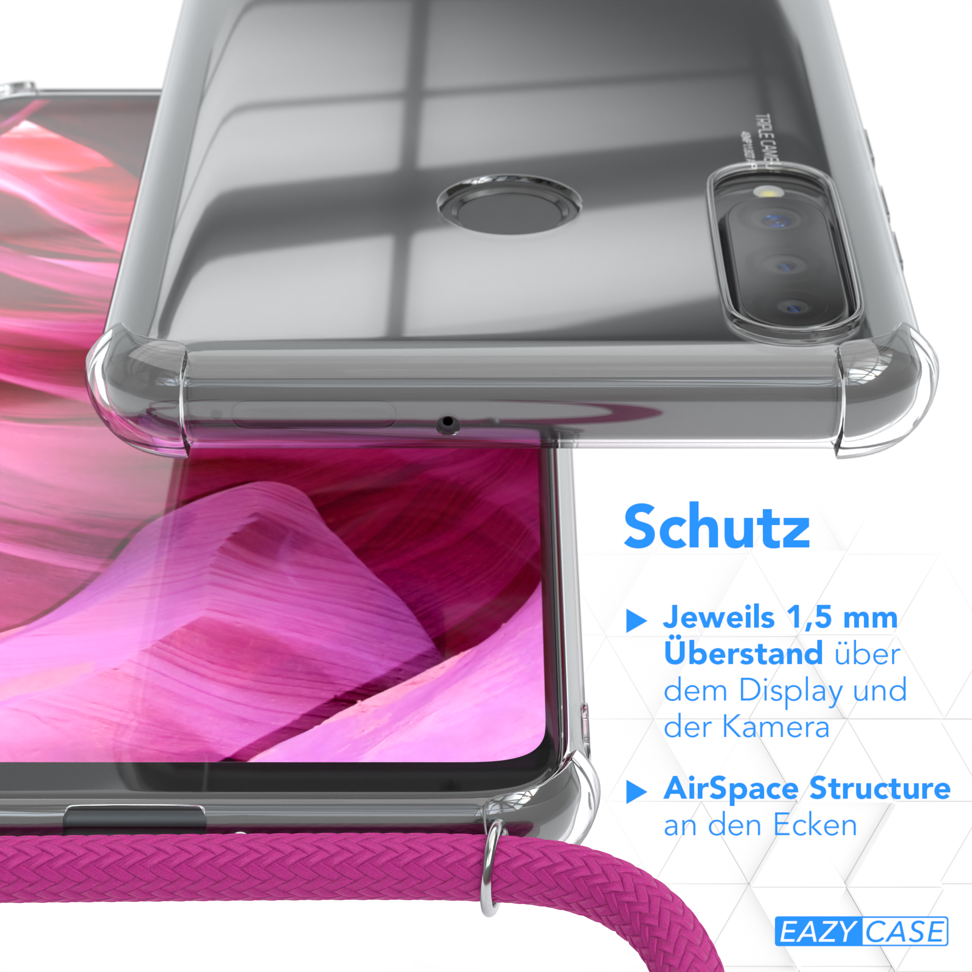 Nahaufnahme der Handyhülle mit Text zum Schutz: 1,5 mm Überstand, AirSpace Structure.