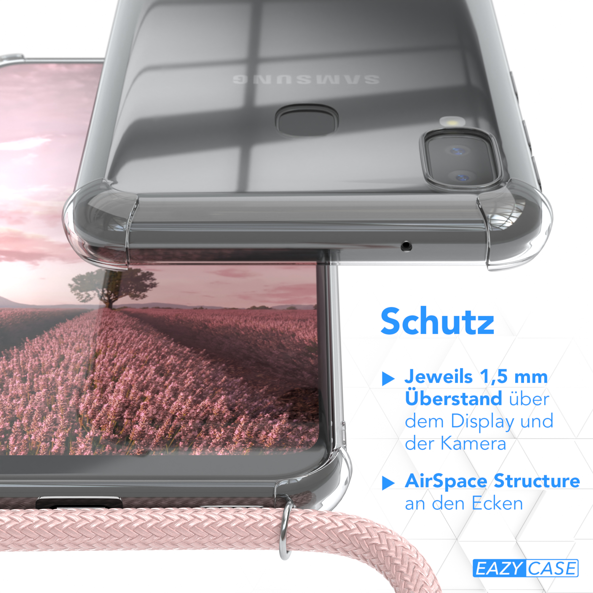 Transparente Handyhülle mit Details zu den Schutzfunktionen.