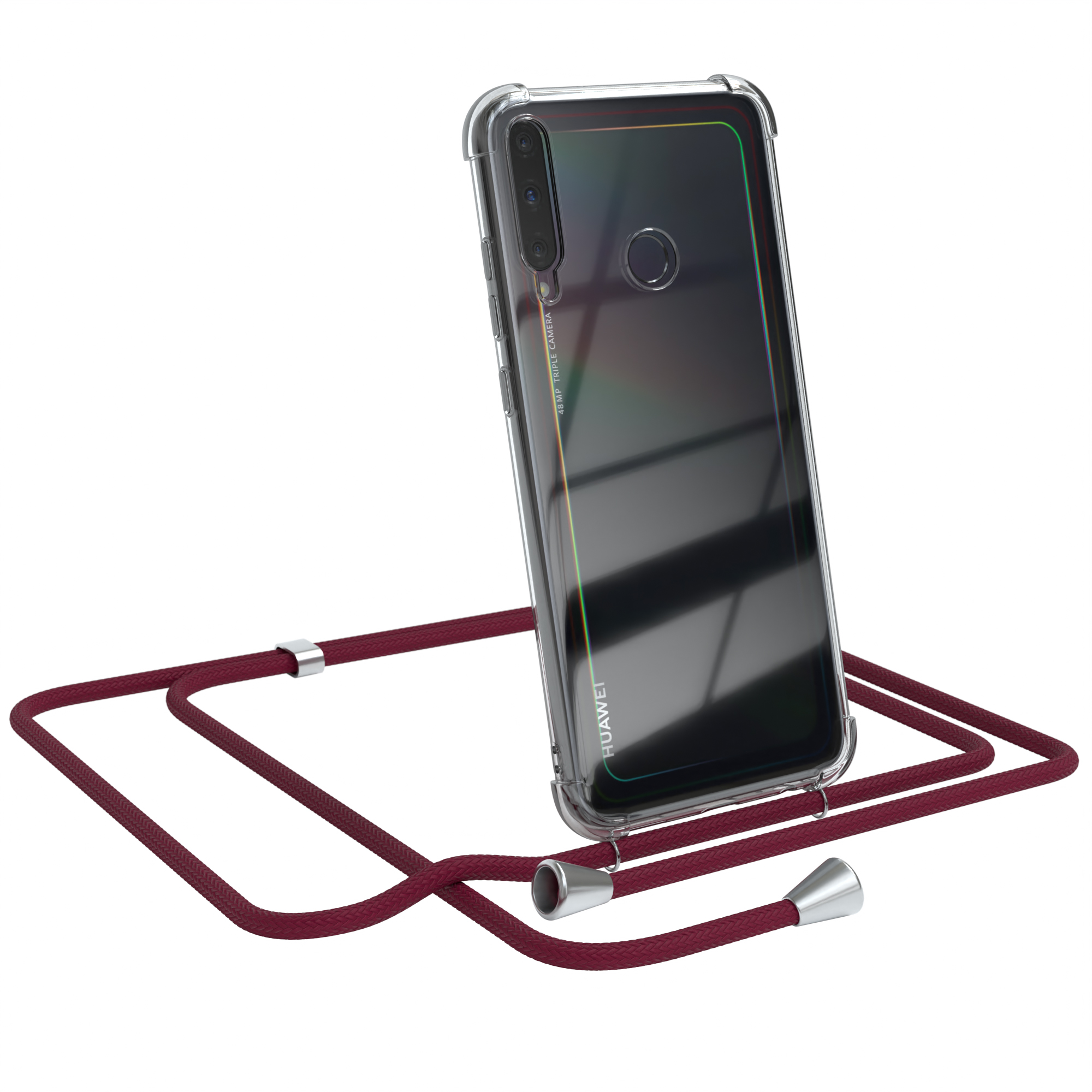 Transparente Handyhülle mit weinrotem Band. Huawei-Handy ist drin. Weißer Hintergrund.
